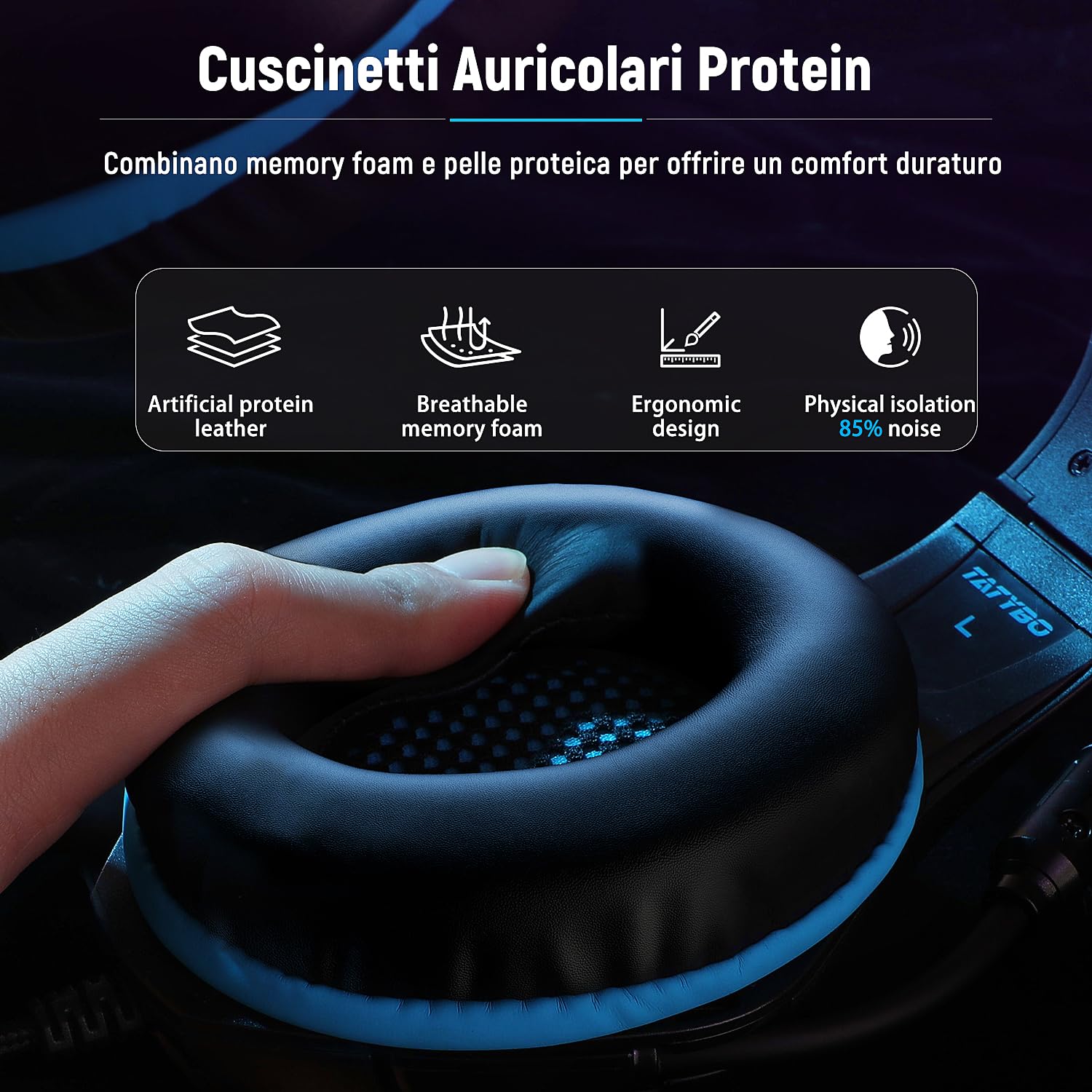 Tatybo Gaming Headset with Microphone - Noise Cancelling, Stereo Deep Bass, Protein Ear Cushions - Compatible with PS4, PS5, PC, Xbox One, Nintendo Switch (Blue) - Perfect for Online Gaming, Streaming & Virtual Meetings