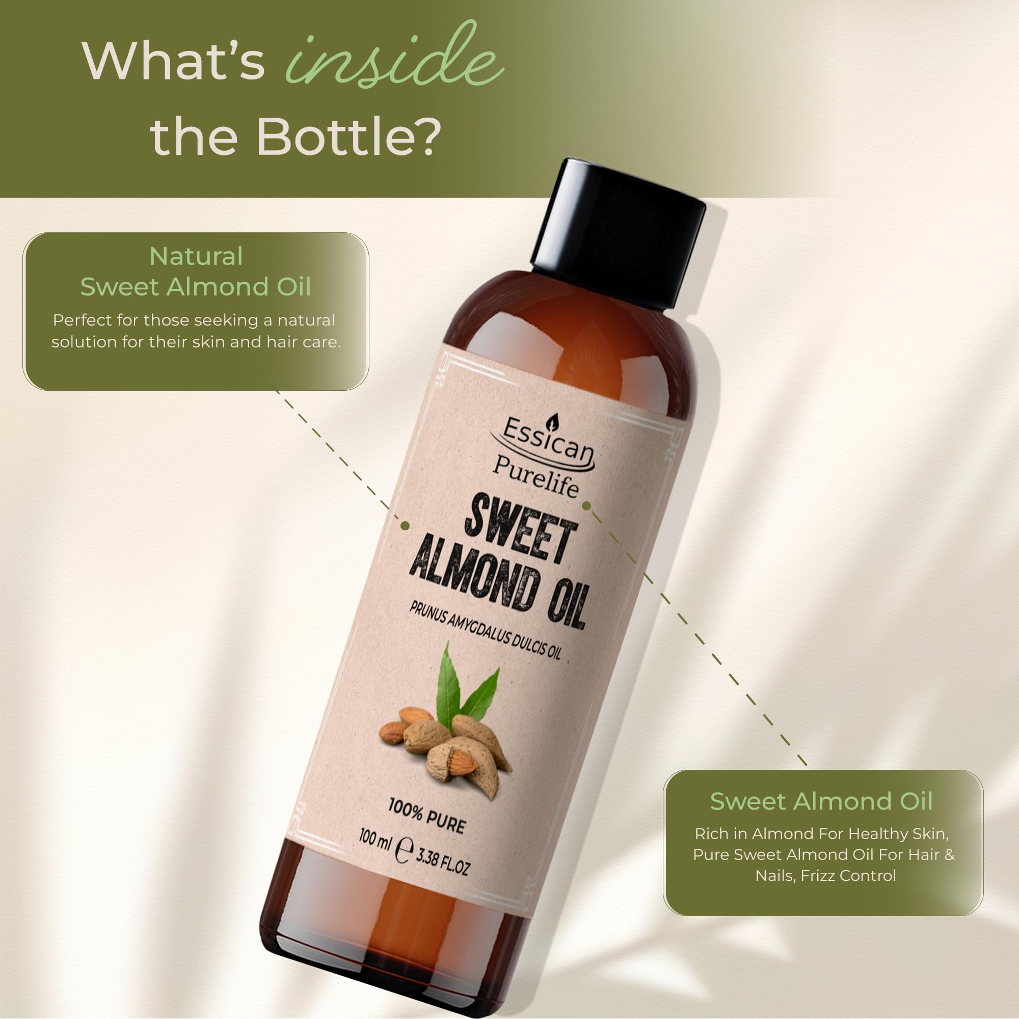 Pure Sweet Almond Oil 100ml - Organic Cold Pressed Almond Oil for Hair, Skin & Essential Oils Mixing - Natural Moisturizer for Face, Scalp & Body Care - Perfect for Massage, Aromatherapy & DIY Beauty Recipes