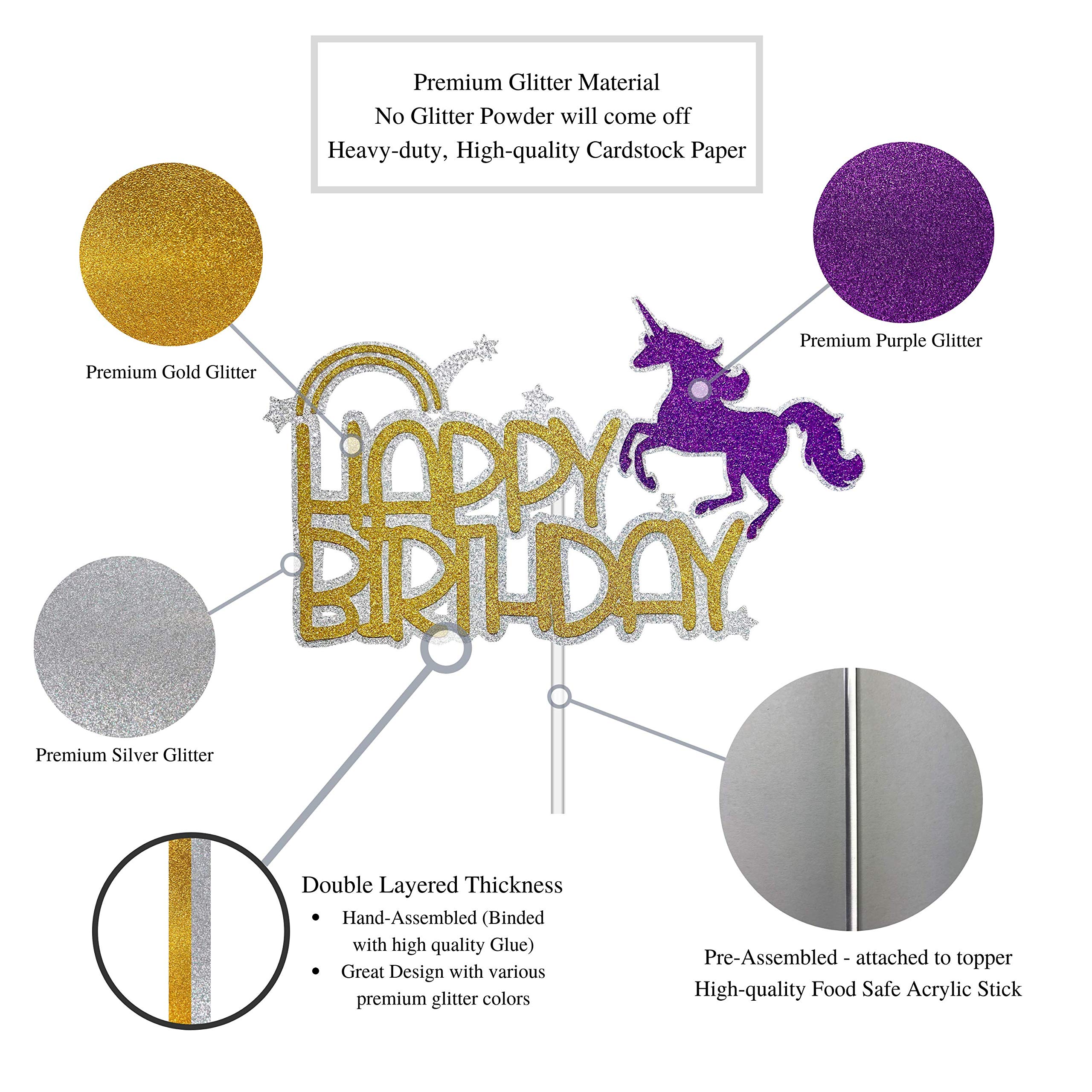 Handmade Glitter Unicorn Birthday Cake Topper - Premium Food Safe Acrylic Stick Decoration for Party Cakes, Baby Showers & Wedding Celebrations