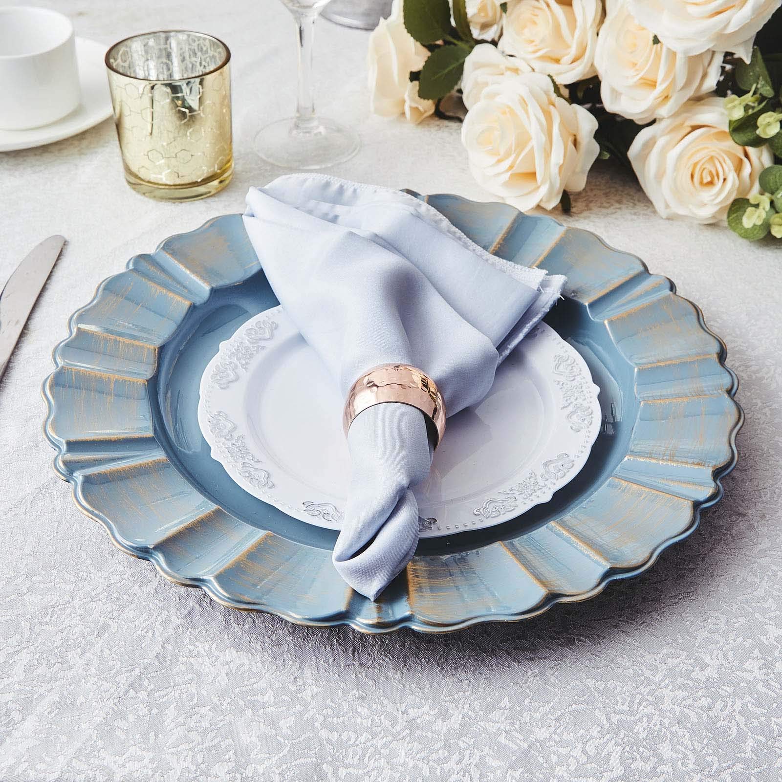Set of 6 - 13 Inch Round Charger Plates with Wavy Scalloped Edge for Weddings, Parties & Formal Dining - Elegant Dusty Blue Tableware Decor