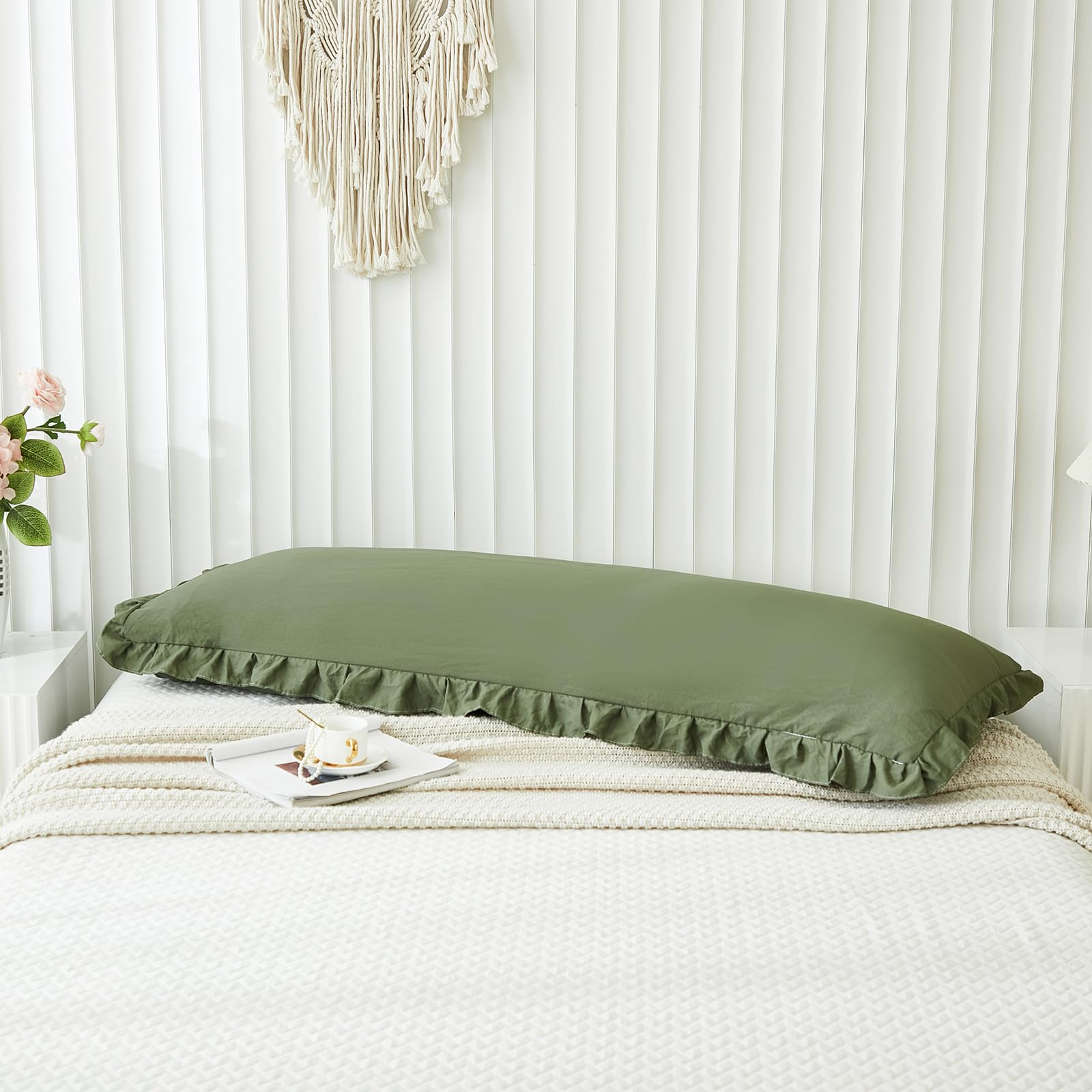 Olive Green Ruffled Body Pillow Cover 20x54 Inches - Shabby Chic Decorative Pillowcase with Fringe Trim for Bed, Sofa & Nursery - Soft Long Pillow Sham for Home Decor (1 Piece)