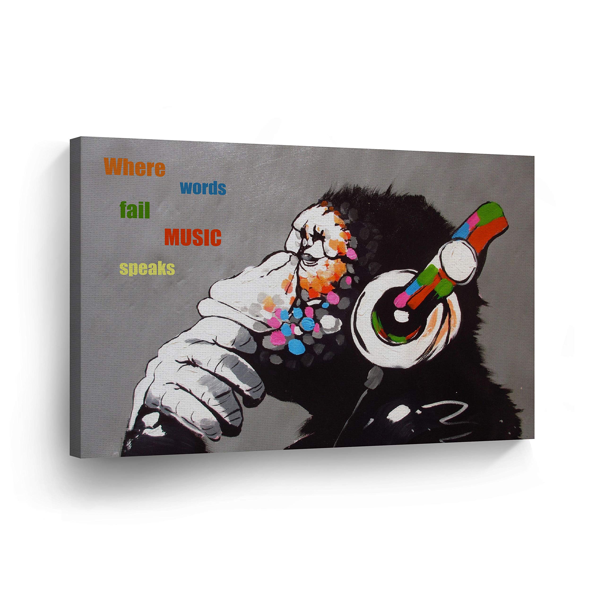 Banksy Wall Art Canvas Print - Gorilla 'Where Words Fail Music Speaks' Quote Oil Painting | Handmade in USA | 24x36 Inches | Ready to Hang Home Decor | Perfect for Living Room, Bedroom & Office Wall Art