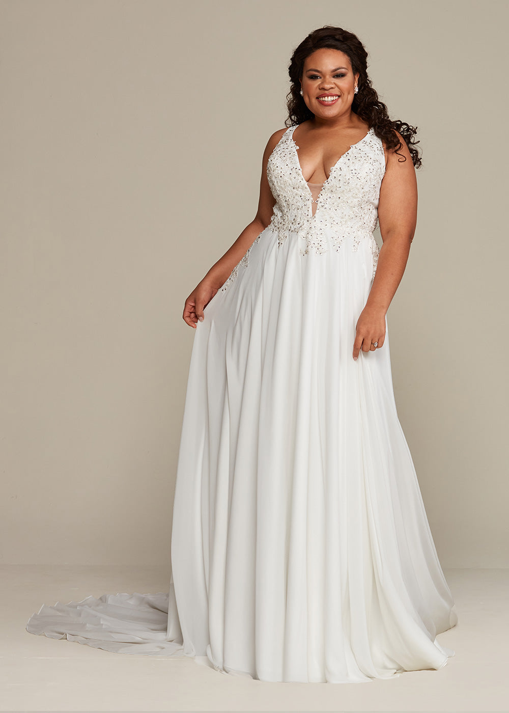 Elegant Mya 1 A-Line Wedding Dress with Plunging Neckline & Sequined Lace - Perfect for Bridal, Formal Events & Romantic Photoshoots