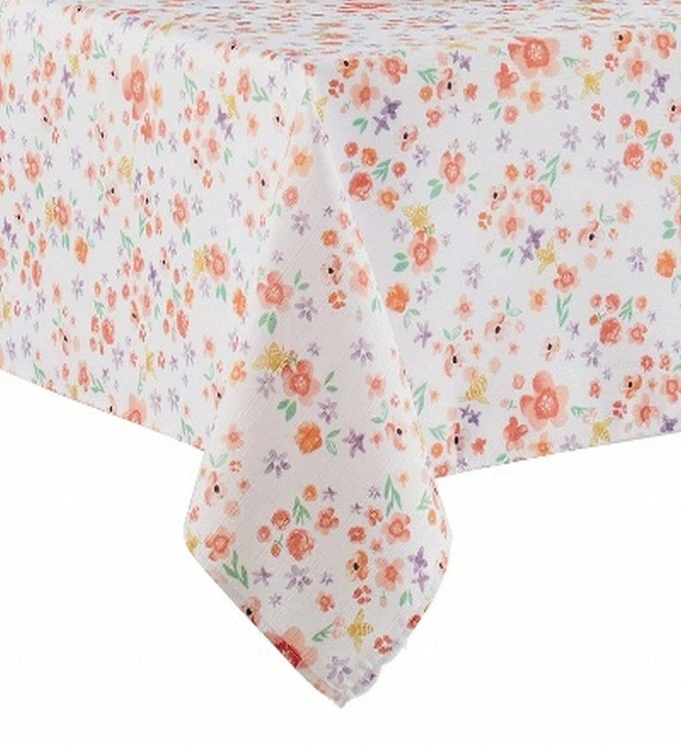 1 Piece Coral & Purple Floral Tablecloth - 60x102 Inch Rectangular Table Cover - Waterproof & Wrinkle-Resistant Fabric for Dining Room, Wedding, Party Decorations