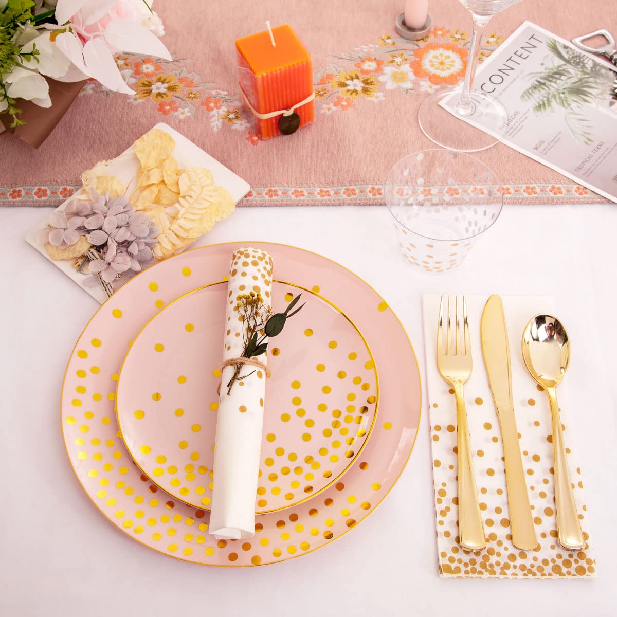 210-Piece Pink and Gold Plastic Party Tableware Set - 30 Dinner Plates, 30 Dessert Plates, 30 Forks, 30 Knives, 30 Spoons, 30 Cups & 30 Napkins - Disposable Plates for Graduation, Birthday & Wedding Parties - Elegant Table Setting for 30 Guests