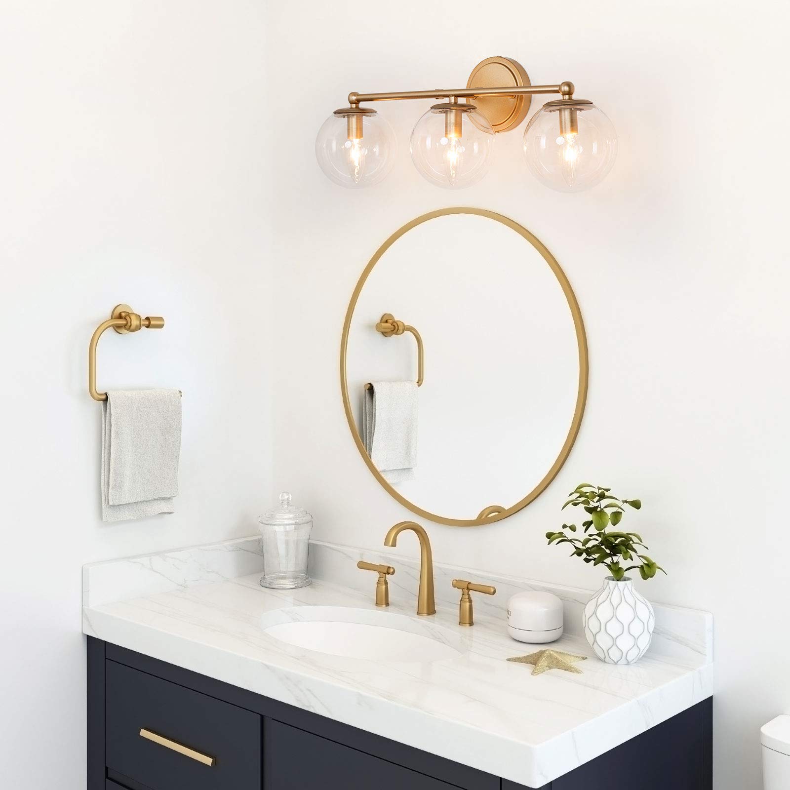 Hand-Painted Gold Bathroom Vanity Light Fixture - 3-Light Modern Bathroom Lighting with Clear Globe Glass Shades, 21.5