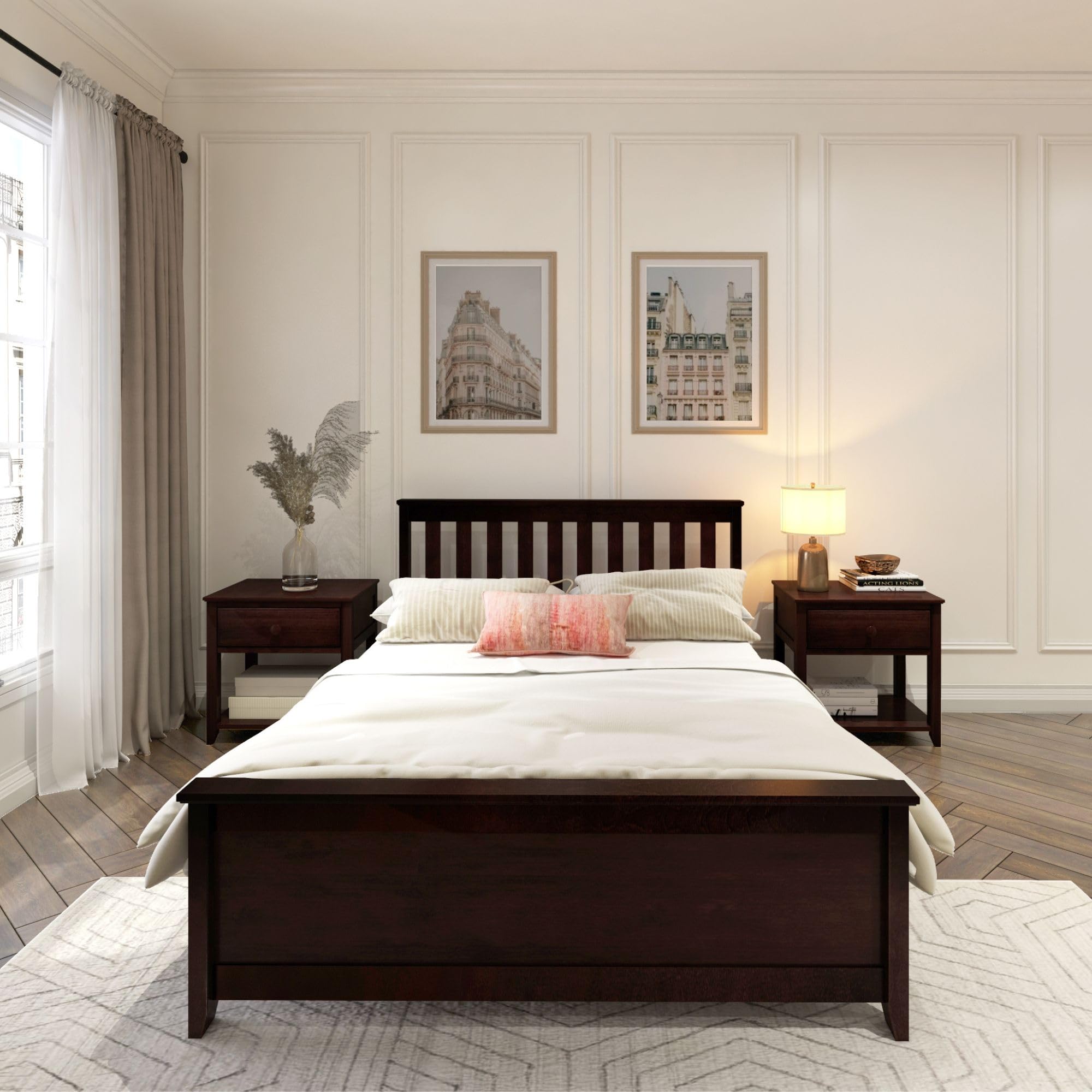 Solid Wood Full Bed Frame with Headboard - Plank+Beam Platform Bed in Espresso Finish for Bedroom, Guest Room & Dorm | Sturdy & Stylish Modern Furniture