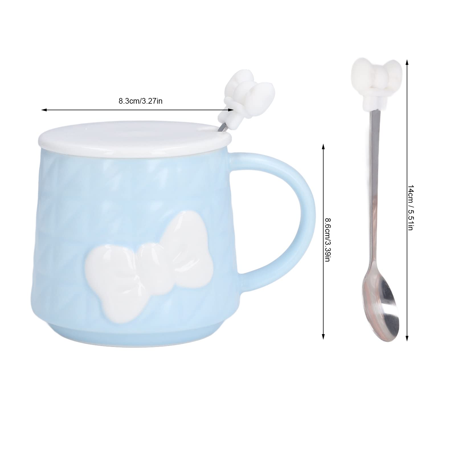 Ceramic Coffee Mug with Lid & Stainless Steel Spoon - 400ml Cute Bowknot Tea Cup for Coffee, Milk & Water - Home & Office Use (Blue)