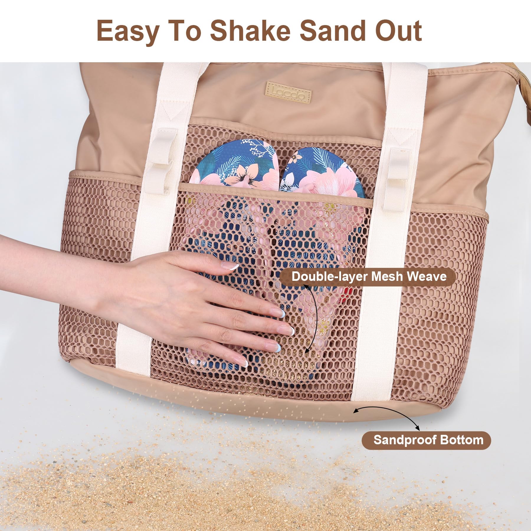 Lacdo Waterproof Sandproof Foldable Beach Tote Bag for Women - Lightweight Travel Pool Bag for Vacation, Swimming, Beach Trips & Outdoor Activities