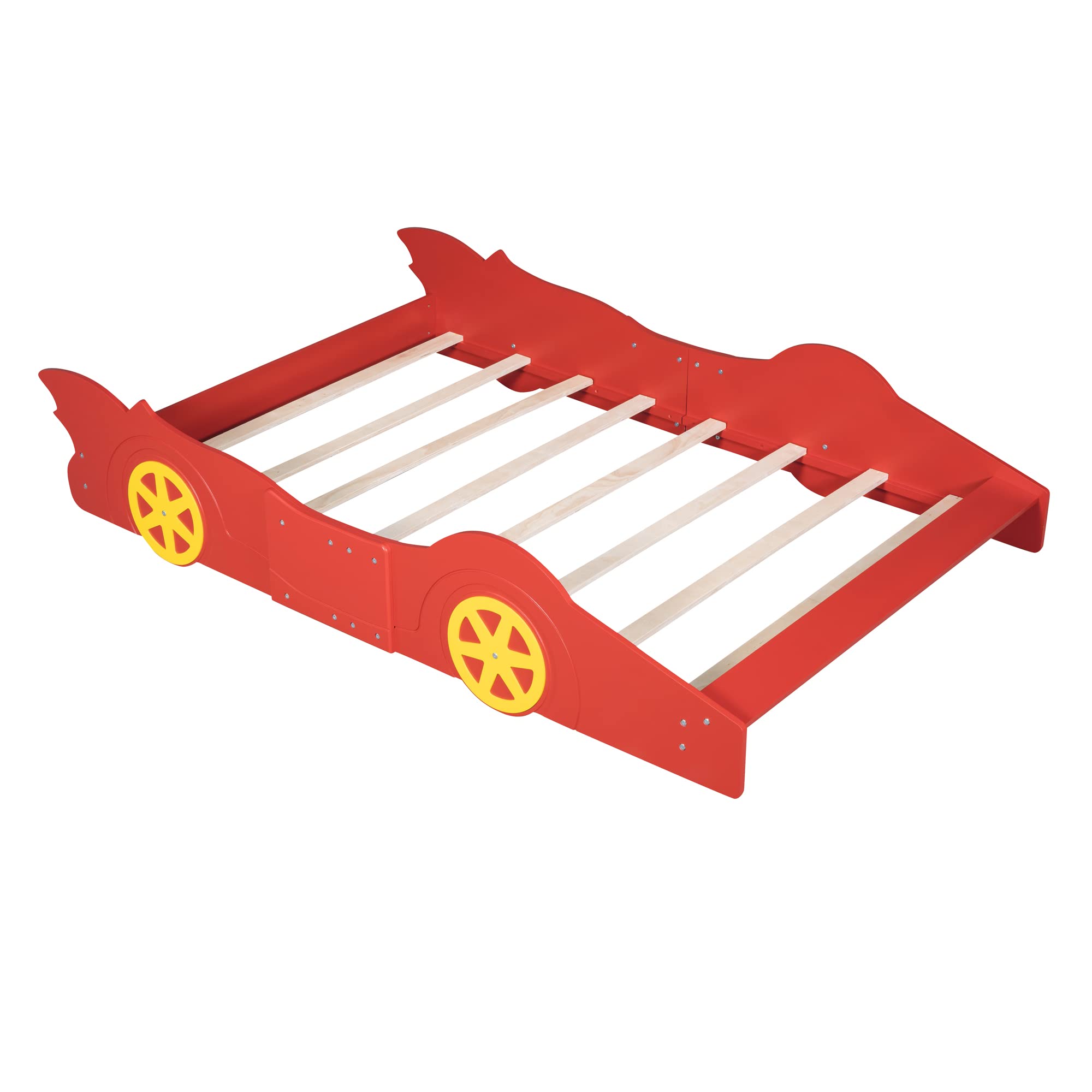Race Car-Shaped Full Size Wooden Bed Frame for Boys - Red Full Car Bed with Wheels & Slat Support - Fun Kids Bedroom Furniture for Playful Sleep & Adventure Dreams