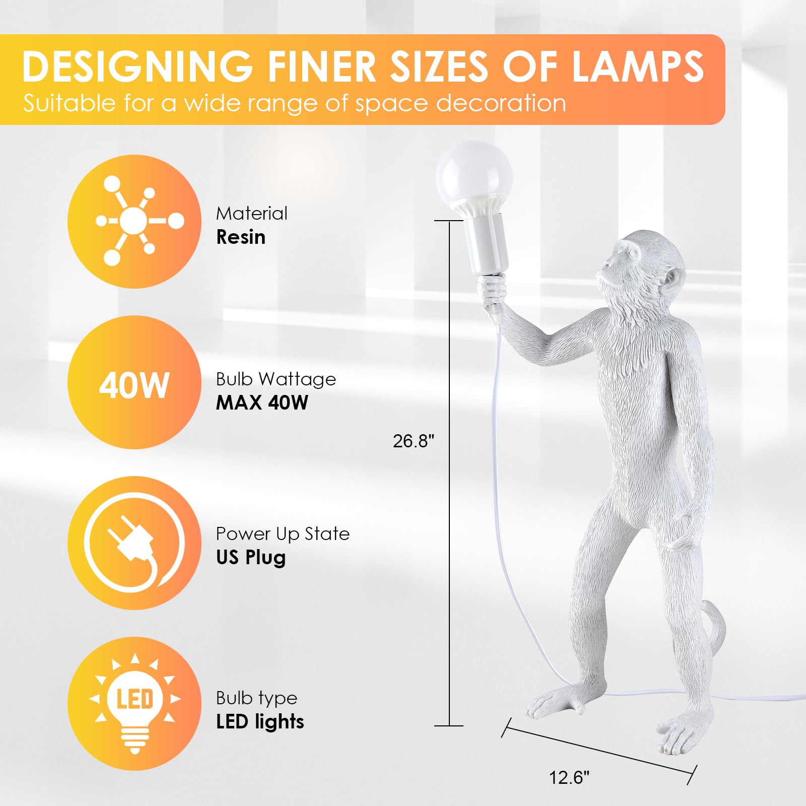 Modern Resin Standing Monkey Table Lamp - LED Desk Lamp for Home Decor, Bedroom, Living Room, Office & Kids Room - Animal-Themed Night Light (White) - Perfect for Reading, Study & Cozy Ambiance