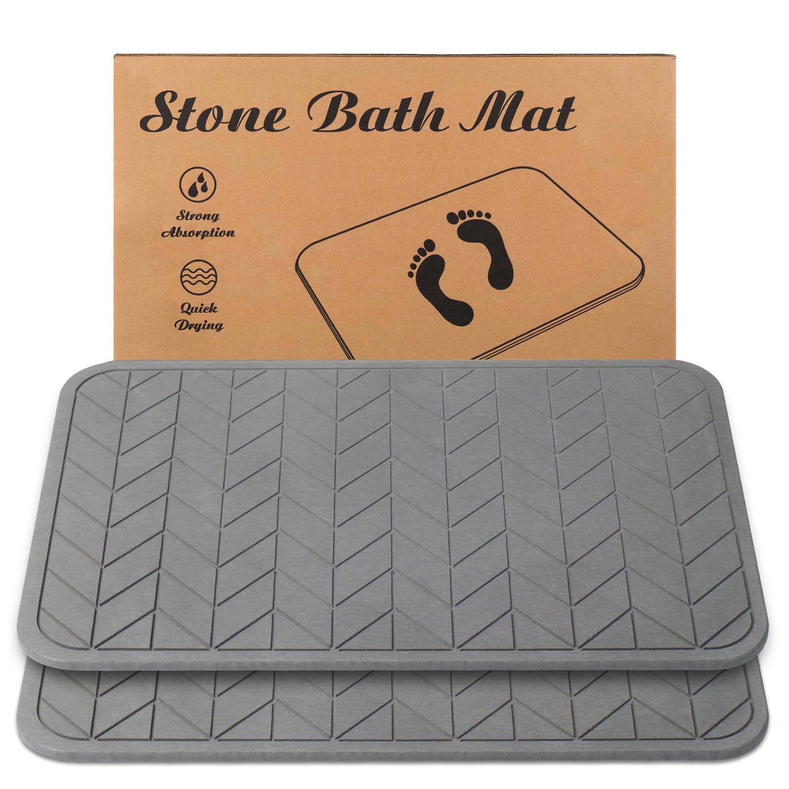 Premium Non-Slip Diatomaceous Earth Bath Mat - Super Absorbent & Quick Drying Stone Shower Mat for Bathroom Floor (2 Pack, Grey) - Perfect for Wet Rooms, Spa, and Luxury Bathroom Decor
