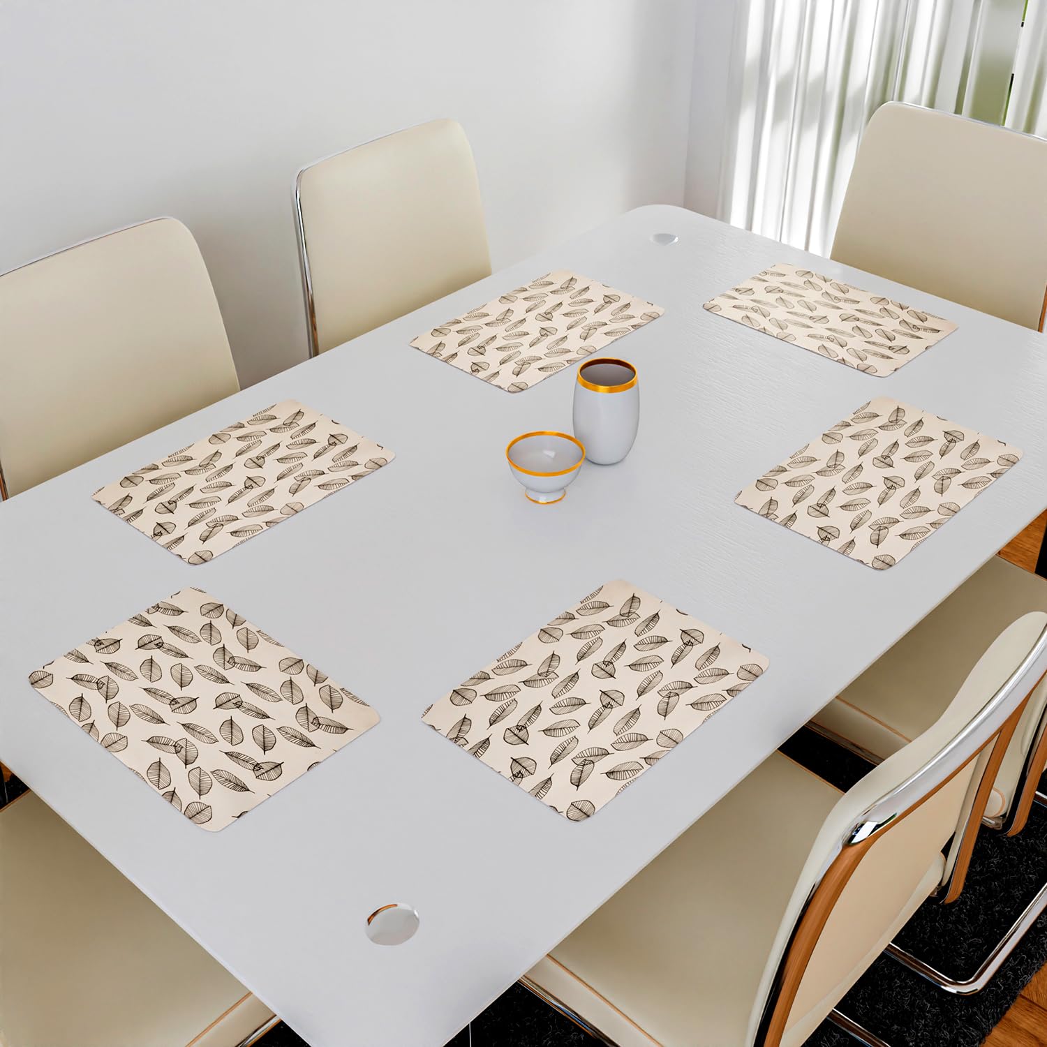 Kuber Industries Non-Slip Placemat Set - 6-Piece Leaf Design Table Mats for Dining Room, Kitchen, and Office - Cream Color | Perfect for Everyday Meals, Entertaining Guests, and Protecting Tables