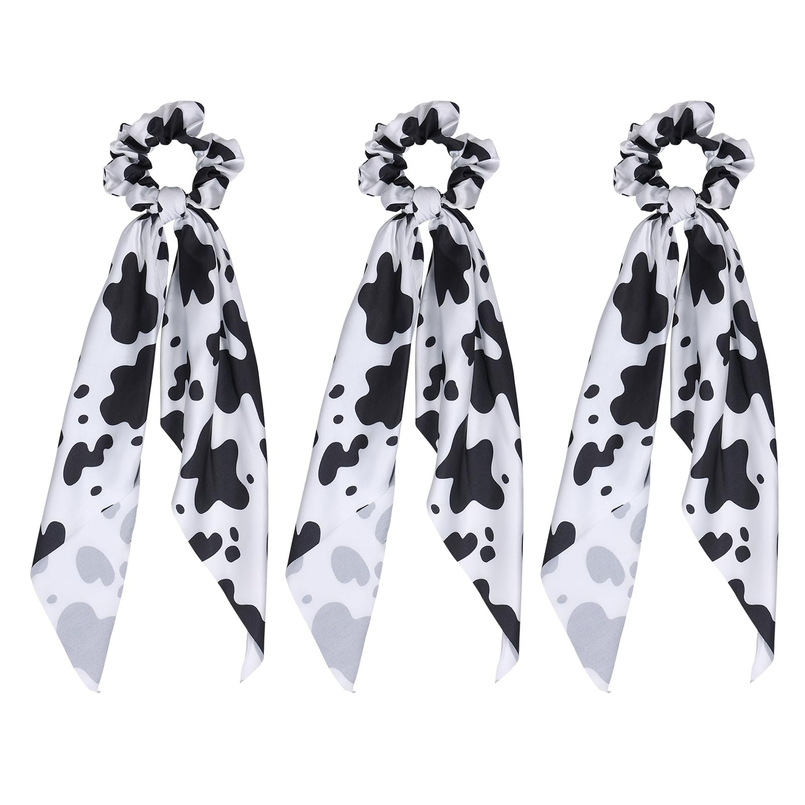 3Pcs Women's Hair Scarf Scrunchies - Knotted Bow Silky Hair Ties & Elastic Bands (Black/White Cow Print Satin Ribbon) - Ponytail Holder Accessories for Western Cowgirl Style - Perfect for Holidays, Parties, and Everyday Fashion