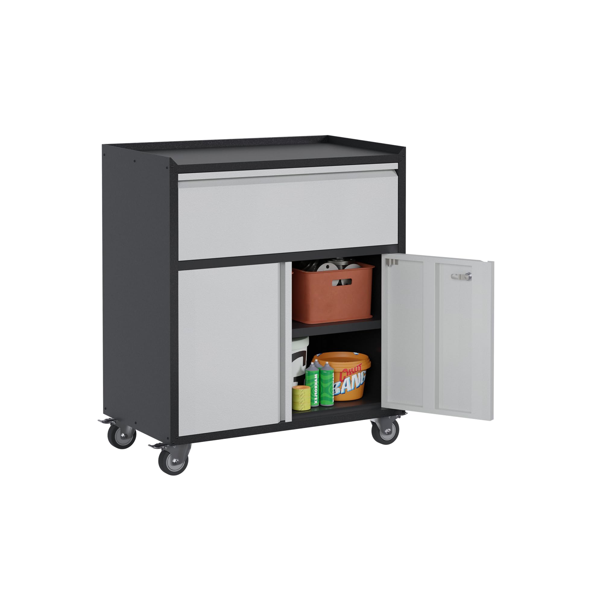 Aobabo Heavy Duty Steel Tool Box with Wheels & Lock - Adjustable Storage Cabinet Organizer with Drawers for Garage, Workshop, Office & Home Use - Black/Gray Tool Chest for Tools, Hardware & Supplies Storage