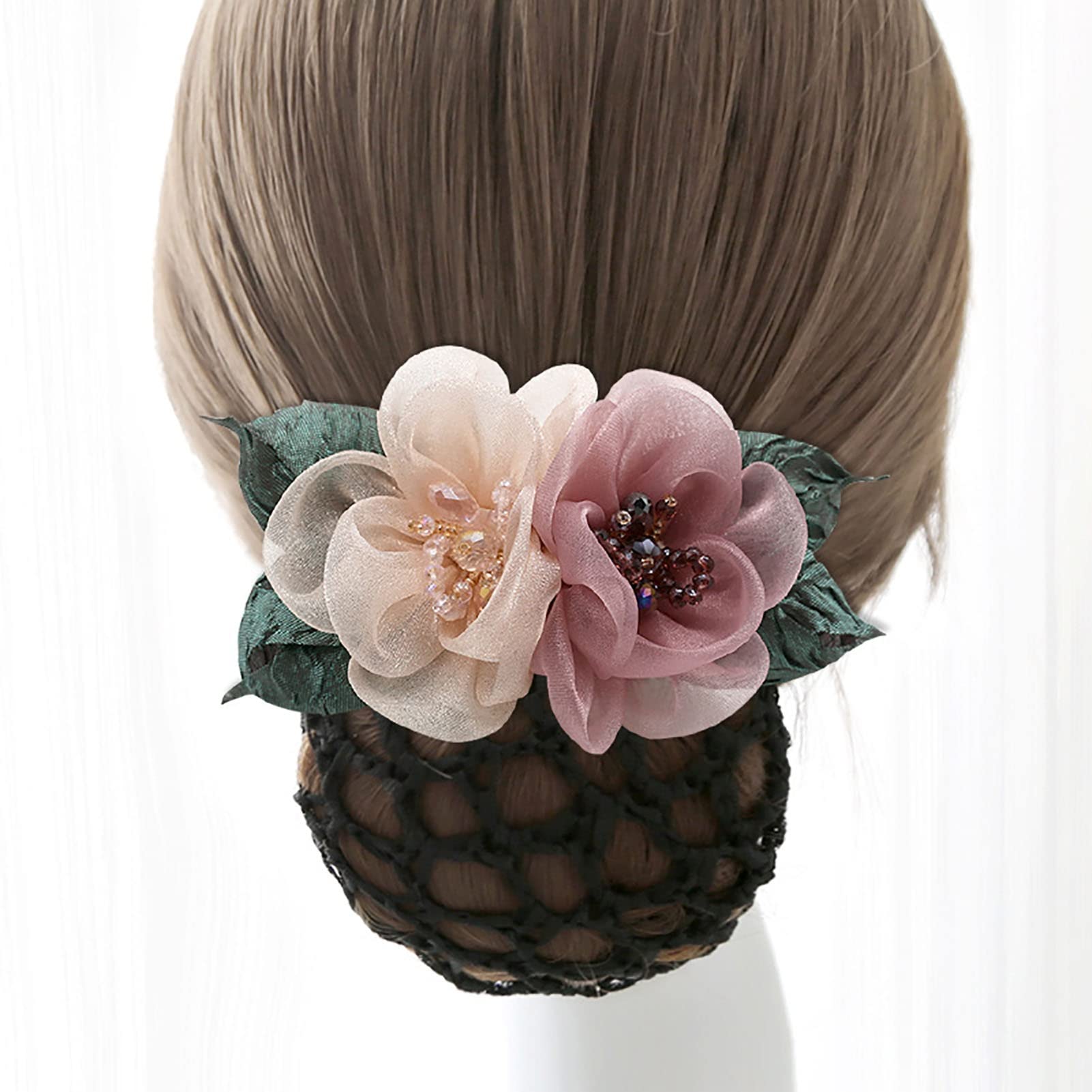 Elegant Crystal Crochet Bun Net Snood with Ribbon Flower Hairpins - Lace Bow Hair Clips & Elastic Mesh Hair Net for Women & Girls (Pink) | Perfect for Office, Weddings, Parties & Everyday Hairstyling