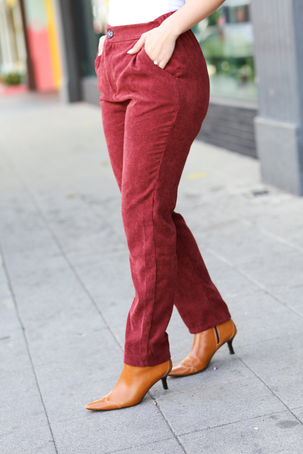 Going Your Way Burgundy Corduroy High Rise Tapered Pants for Women - Stylish Fall Winter Casual Office Pants