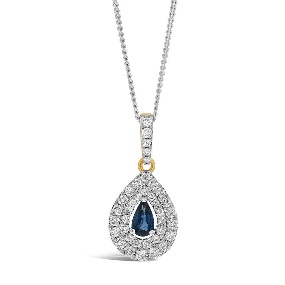 9ct Yellow Gold 0.24ct Natural Blue Sapphire & 0.39ct Diamond Double Halo Pendant Necklace - Elegant Jewelry Gift for Women, Perfect for Weddings, Anniversaries & Special Occasions