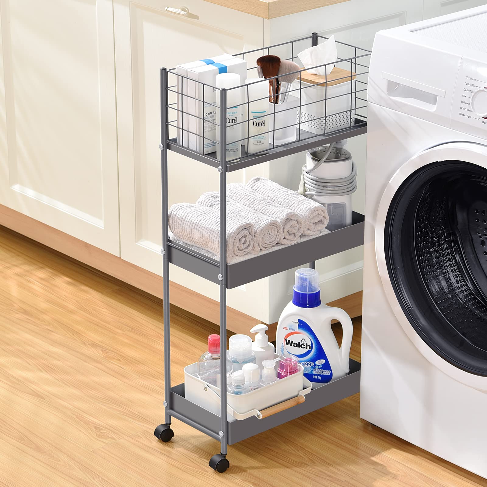 KINGRACK 3-Tier Slim Metal Rolling Storage Cart with Wheels | Space-Saving Utility Cart for Office, Kitchen, Bathroom & Narrow Spaces | Grey | Perfect for Organizing Supplies, Cosmetics & Cleaning Products