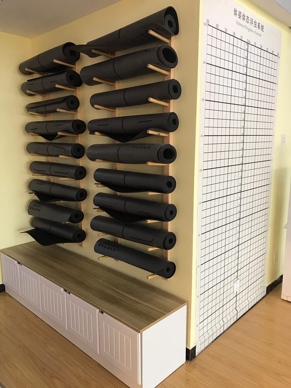 Wall Mount Wood Yoga Mat Holder - Large Home Gym Storage Rack for Foam Rollers & Exercise Mats - Holds 9 Mats (Natural Color) - Perfect for Yoga Studios, Home Gyms & Fitness Rooms Organization