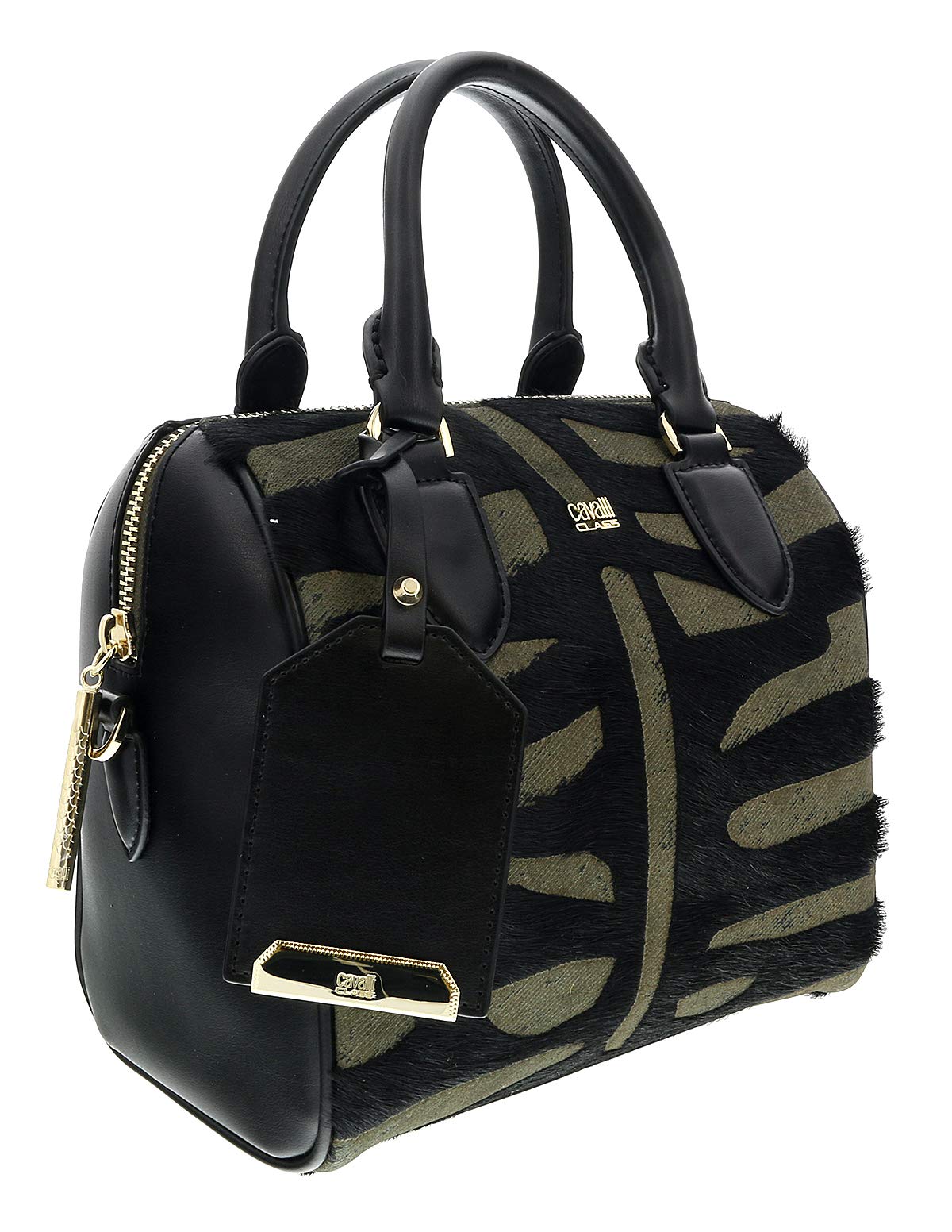 Roberto Cavalli HXLPHH 999 Black & Olive Women's Bowling Bag - Stylish Handbag for Work, Travel & Evening Outings
