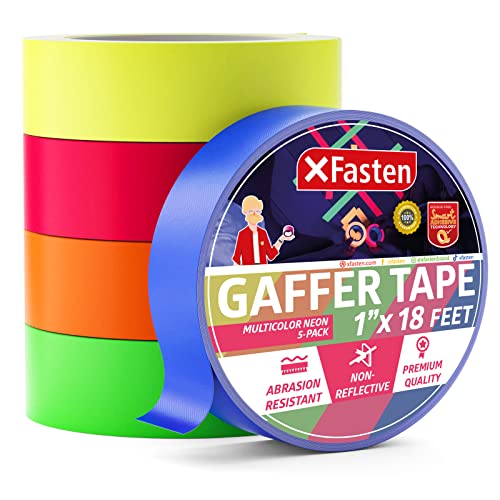 XFasten Multicolor Neon Gaffer Tape - 1-inch x 18-feet Heavy Duty Matte Fluorescent Tape (5-Pack) | UV Reactive, Multipurpose Gaffers Tape for Stage Lighting, Photography Backdrops & DIY Crafts