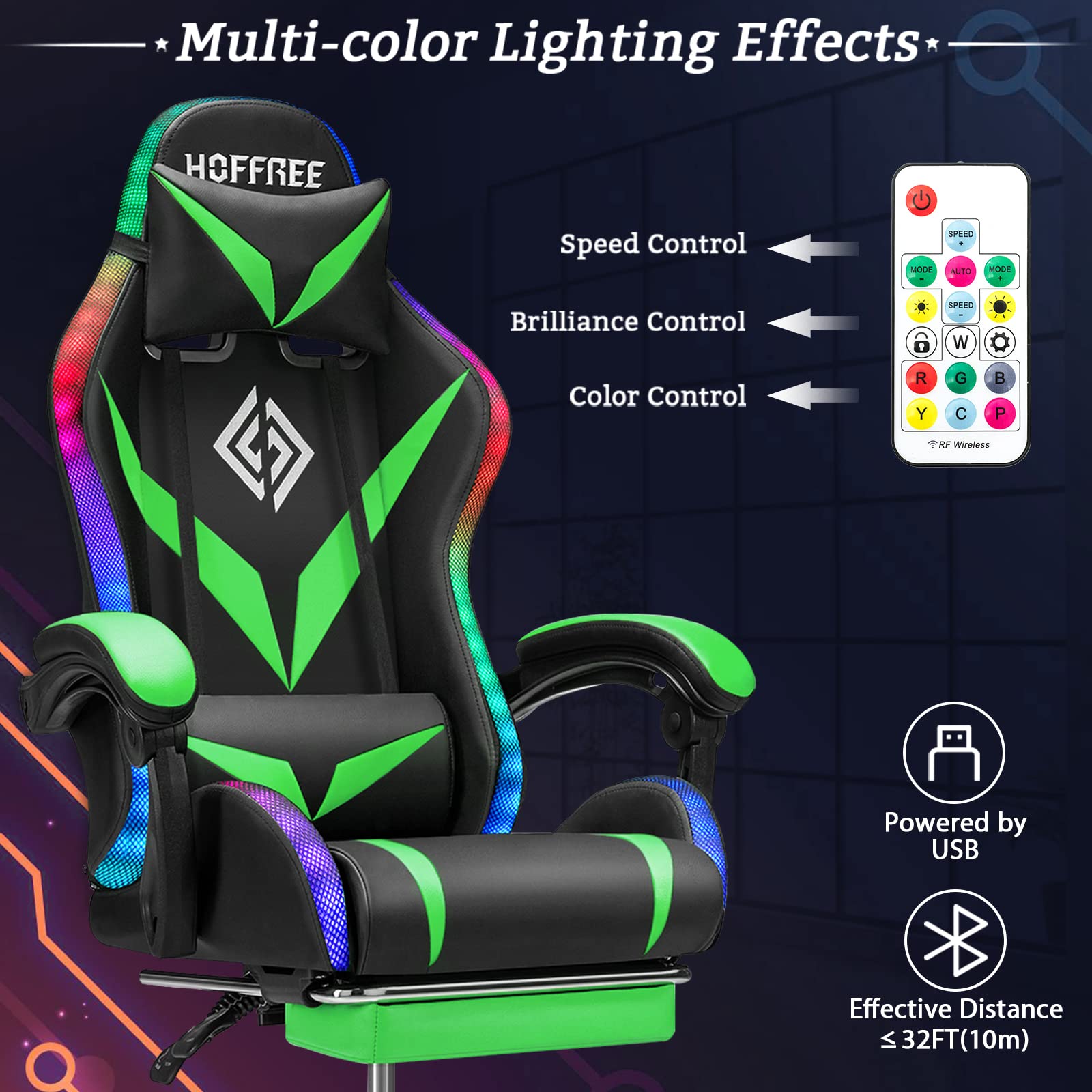 Ergonomic Gaming Chair with Bluetooth Speakers, RGB LED Lights & Lumbar Support - Massage Computer Chair with Adjustable Footrest for PC & Console Gamers (Light Green/Black) - Perfect for Esports, Streaming & Home Office Setup