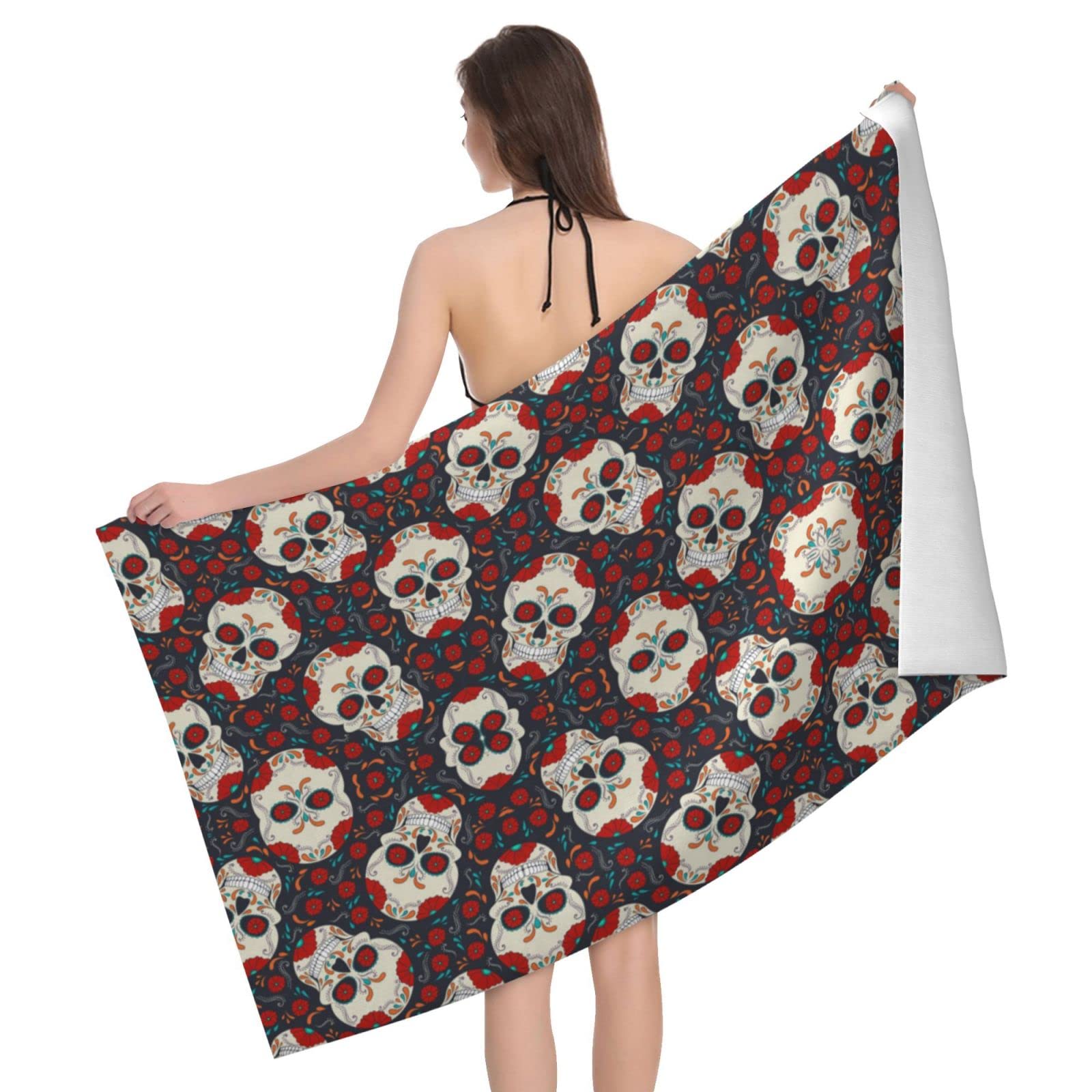 Quick Dry Microfiber Beach Towel with Pocket - Floral Sugar Skull Design, Sand Free, Lightweight for Travel, Pool, Gym - Perfect for Women & Men, Ideal for Beach, Swimming, Camping, Yoga & Outdoor Activities