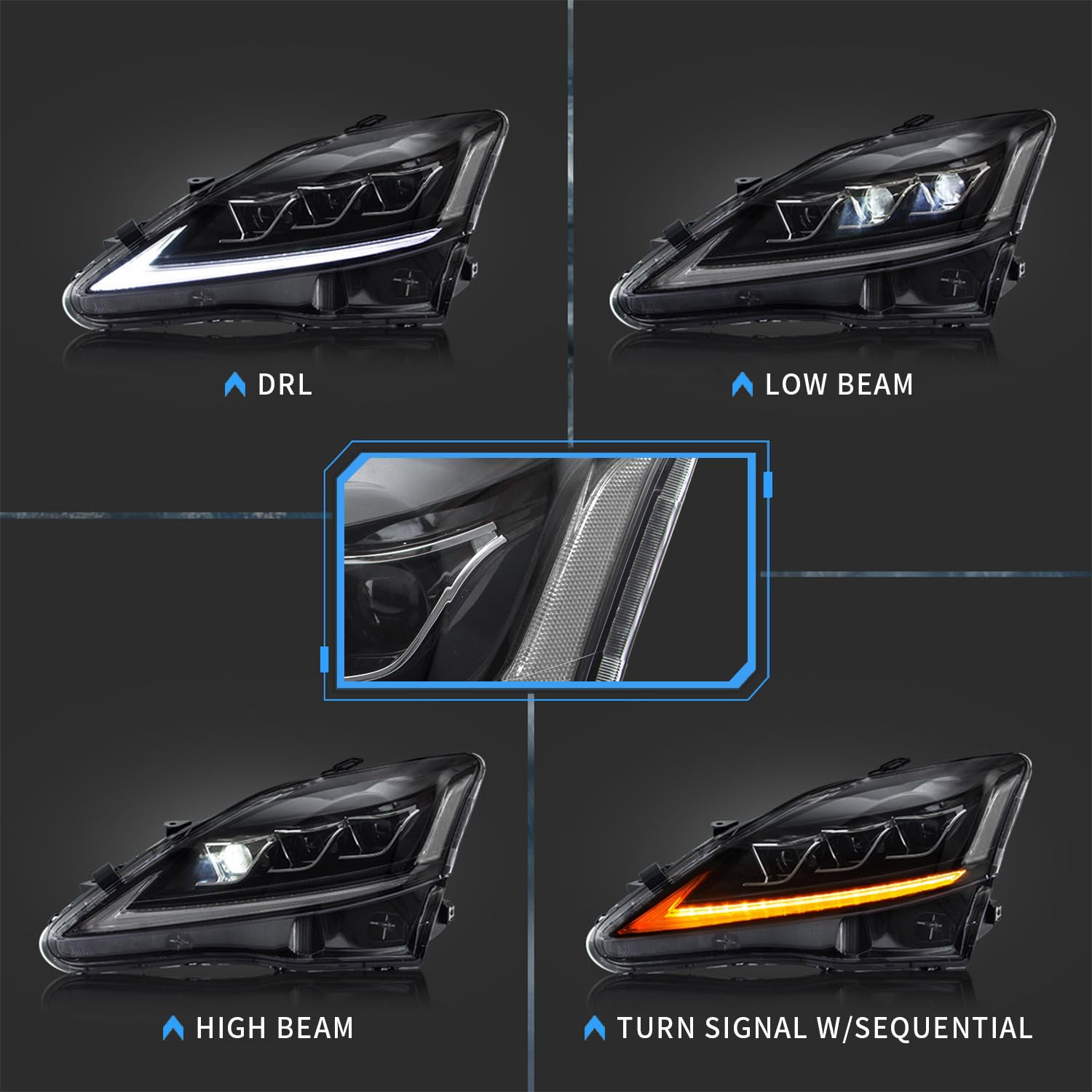 VLAND LED Headlights & Tail Lights for Lexus IS250 IS350 2006-2012 - Clear Headlamps & Red Rear Lamps for Night Driving