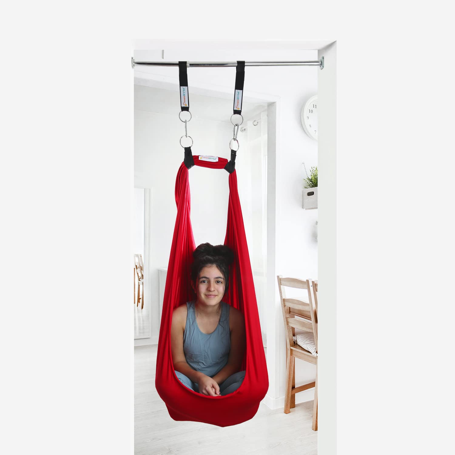 DreamGYM Doorway Sensory Swing Kit - Red Compression Swing & Trapeze Bar with Blue Gym Rings for Kids Indoor Play, Therapy, and Fitness Training - Perfect for Home, Classroom, and Occupational Therapy Use