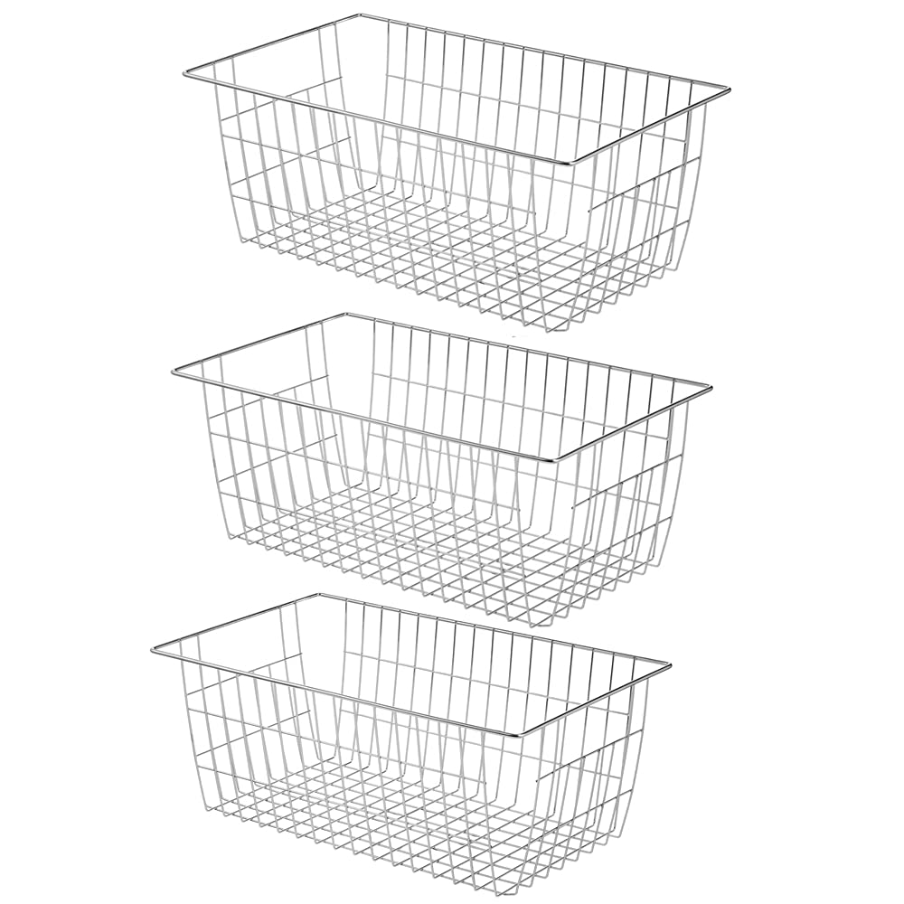Farmhouse Freezer Organizer Baskets with Handles - 3 Pack Wire Storage Bins for Kitchen, Pantry, Closet & Bathroom | Perfect for Food Storage, Office Supplies & Home Organization