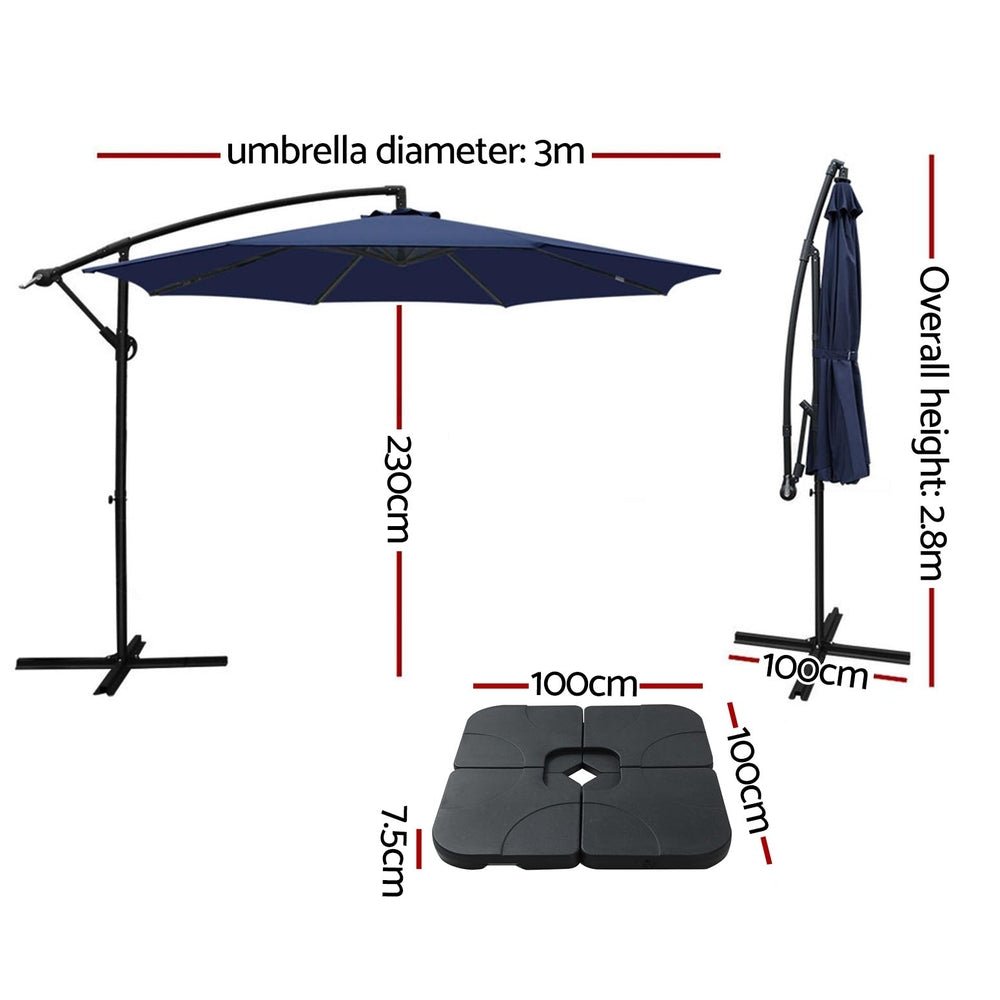 3M Outdoor Cantilever Umbrella with Heavy Duty Base - Navy Blue Beach Garden Patio Sun Shade for Poolside, Backyard, and Outdoor Dining Areas
