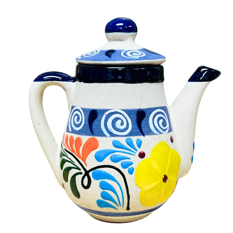 Handmade Mexican Clay Coffee Pot - Traditional Decorated Cafetera De Barro - Navy Blue Artisanal Stovetop Brewer for Authentic Mexican Coffee Experience - Perfect for Home Kitchens, Gifts & Cultural Decor