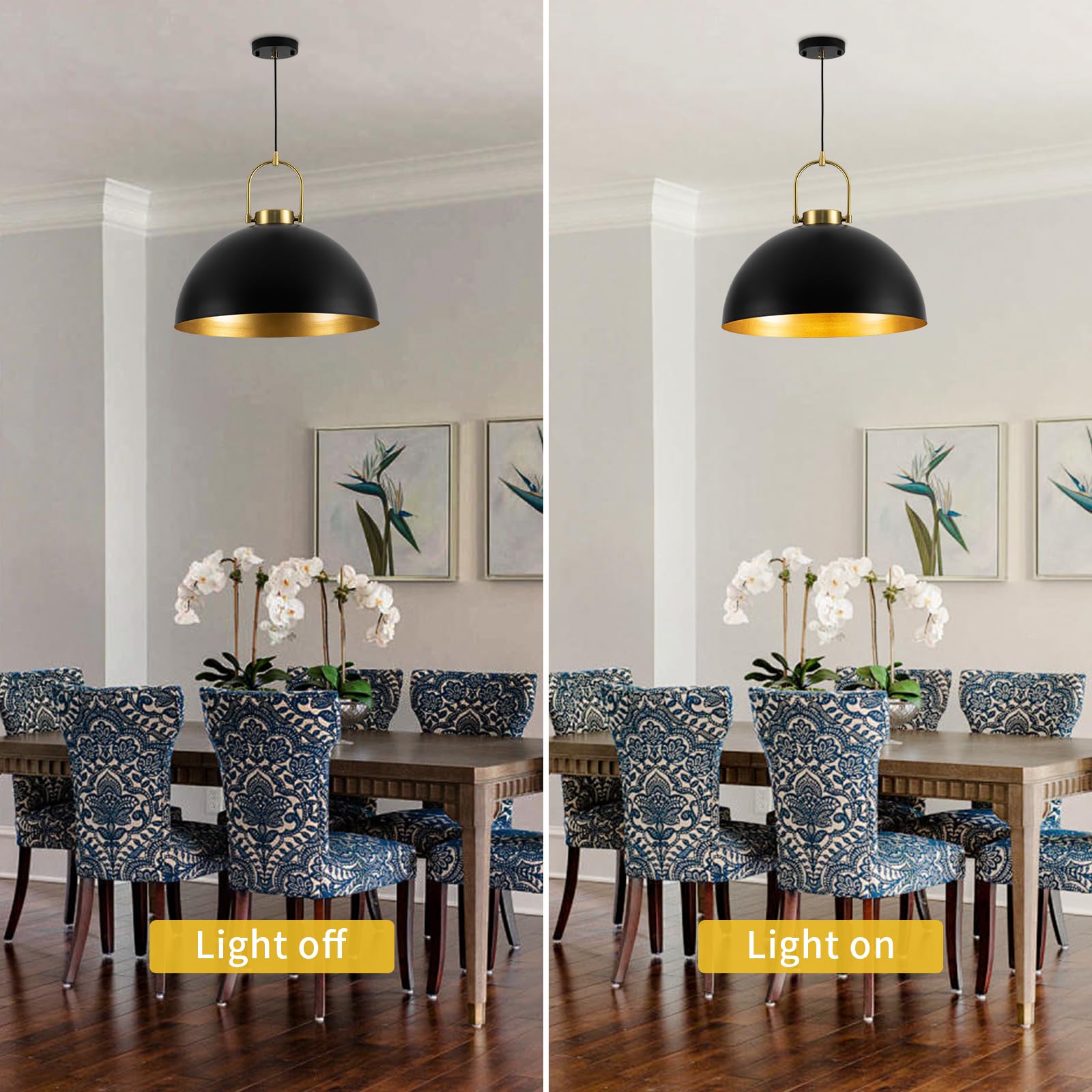 Black Industrial Pendant Light Fixtures - Large Dome Chandelier, Modern Space-Saving Hanging Lamp (19.69 Inch) for Kitchen Island, Dining Room, Living Room & Hallway | Perfect for Farmhouse, Loft & Contemporary Home Decor