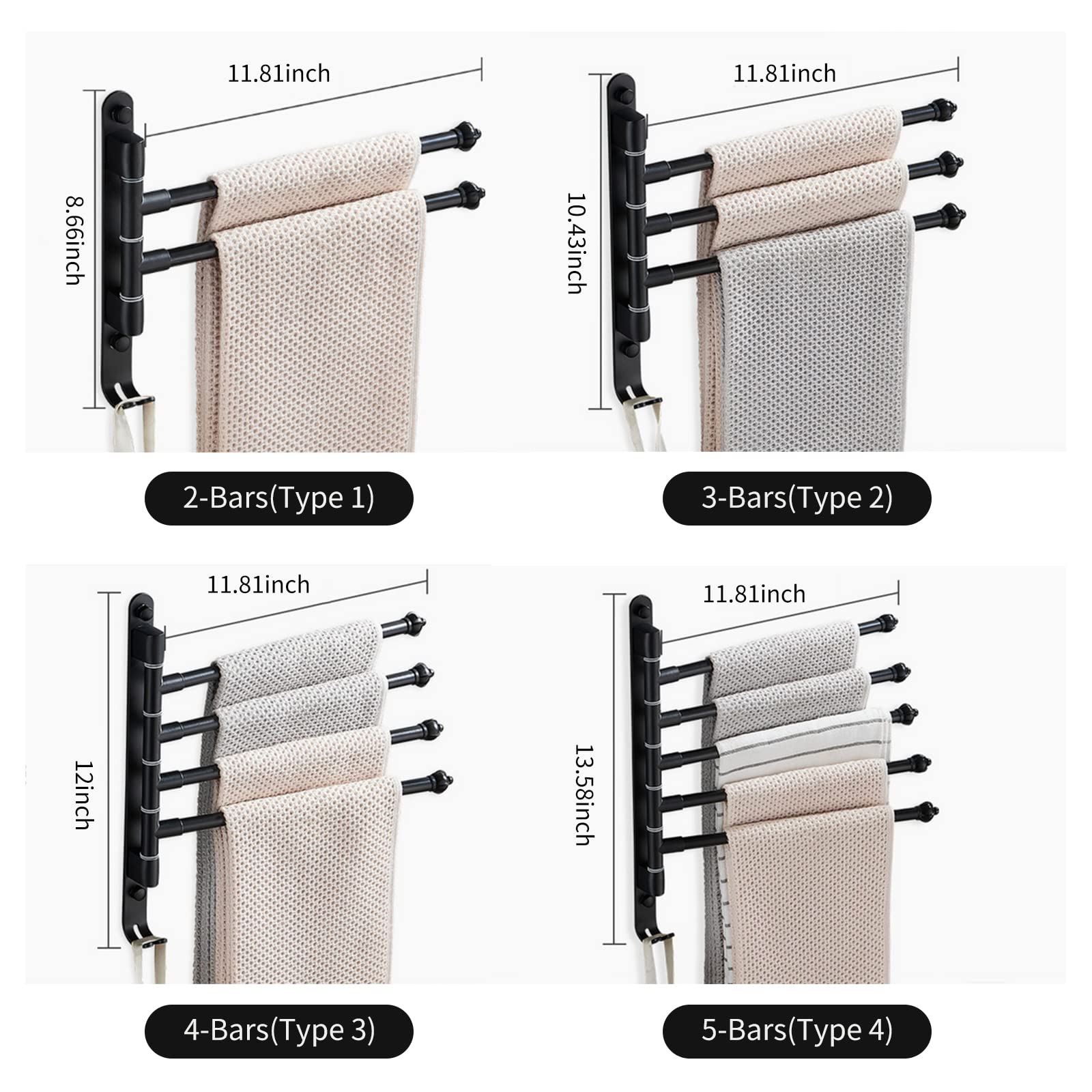 Matybobe 5-Bar Swivel Wall Mounted Towel Rack with Foldable Arms & Hooks - Aluminum Bathroom & Kitchen Towel Holder Organizer - Perfect for Small Spaces, Apartments, and Laundry Rooms