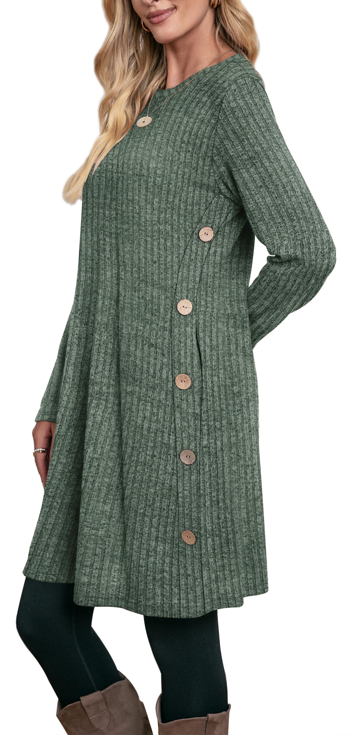 Aokosor Women's Long Sleeve Jumper Tunic Dress with Pockets & Side Buttons - Casual Stretchy Dress for Leggings - Perfect for Work, Date Night & Fall Layering