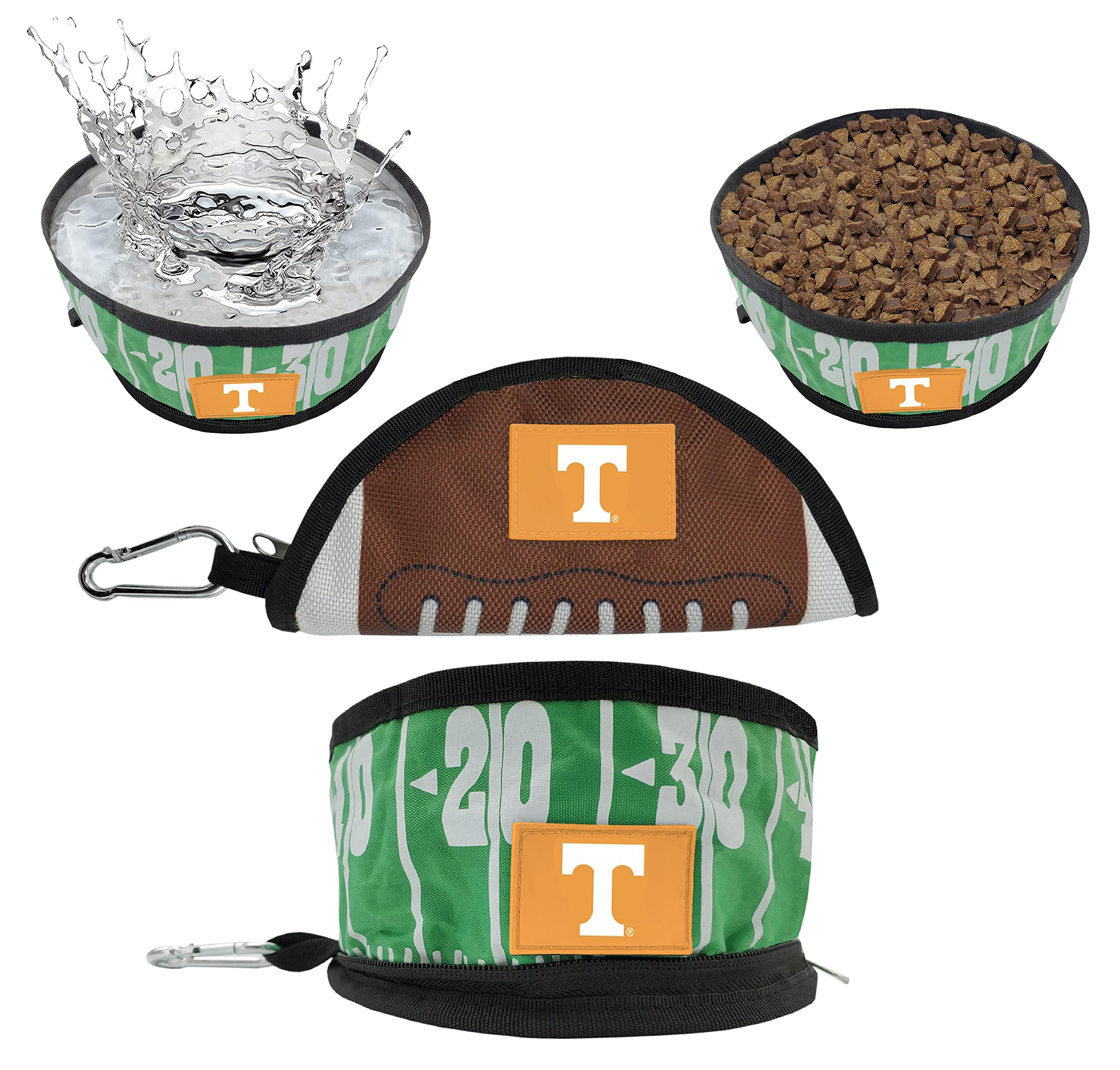 NCAA Tennessee Volunteers Collapsible Dog Travel Bowl - Portable Pet Food & Water Bowl for Dogs & Cats | Lightweight Leak-Proof Design with Football Field & Pebble-Grain Pattern | Perfect for Hiking, Camping & Road Trips