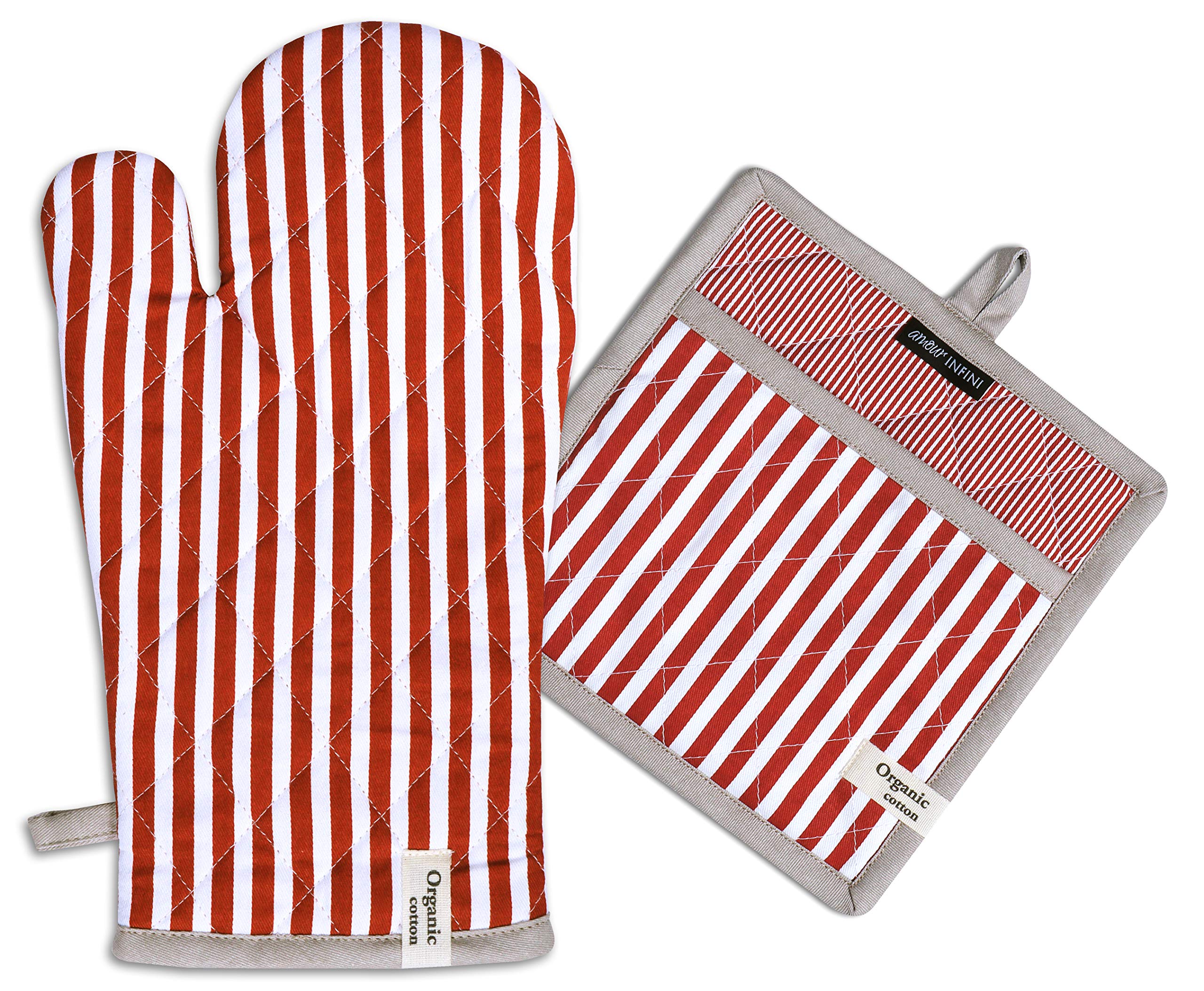 AMOUR INFINI Striped Heat Resistant Oven Mitt & Pot Holder Set - Non-Slip, Reusable Kitchen Gloves for Cooking, Baking & Grilling (Rust Color) - Perfect for Holiday Meals & BBQ Parties