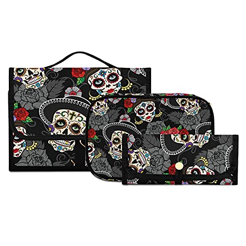 **MNSRUU Sugar Skulls Toiletry Bag Set - 3 PCS Hanging Travel Makeup Organizer with Clear Compartments | Portable Cosmetic Bag for Women & Men | Perfect for Vacation, Gym, Camping & Business Trips**