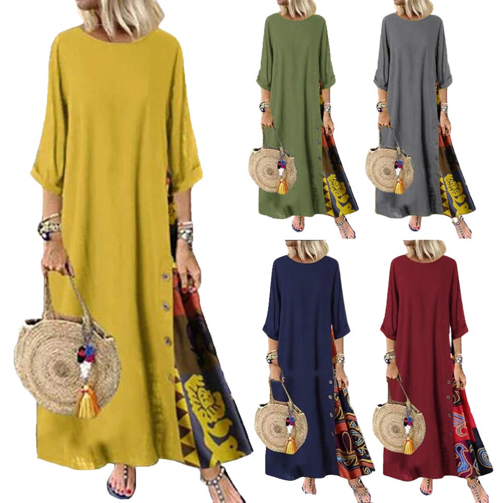 GUAGL Women's Floral Print Retro Spring Dress with Round Neck & Contrast Buttons - Half Sleeve Vintage Style Dress for Casual Outings, Date Nights & Office Wear