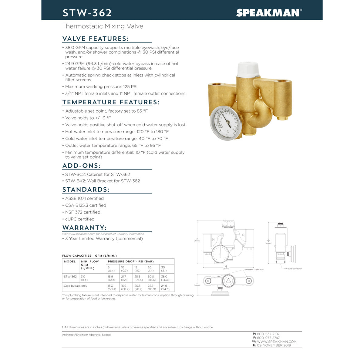 Speakman STW 362 Thermostatic Mixing Valve for Shower - Temperature Control Faucet for Bathroom, Home & Commercial Use | Perfect for Hotels, Gyms & Spas