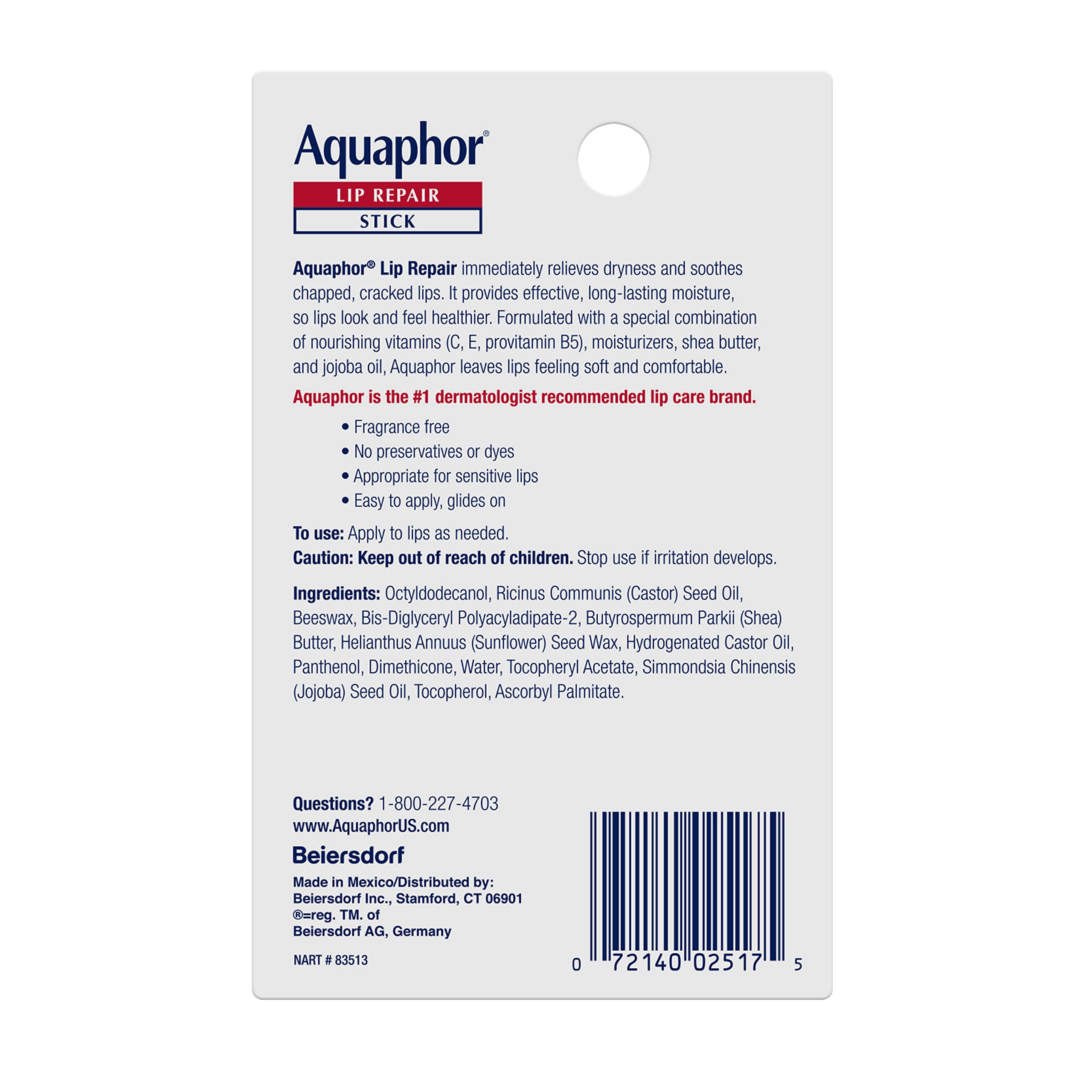 Aquaphor Lip Repair Stick - Moisturizing Lip Balm for Dry, Chapped Lips - 0.17 Oz Stick (Pack of 2) - Perfect for Winter Care & Daily Hydration