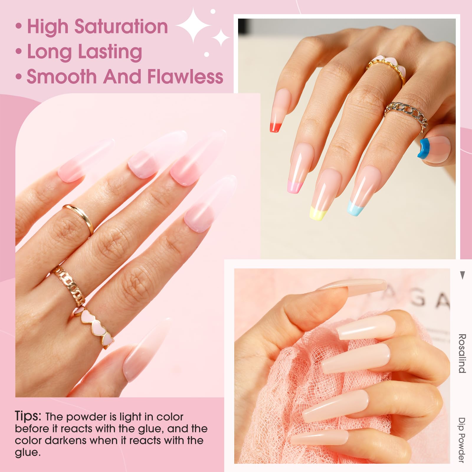 ROSALIND 13PCS Dip Powder Nail Kit - Summer Spring Clear Jelly Pink Translucent Dip Nails Powder Starter Kit with 6 Colors, Base Top Coat, Activator & Brush Saver | DIY Manicure at Home, Salon Quality Nails for Parties & Special Occasions