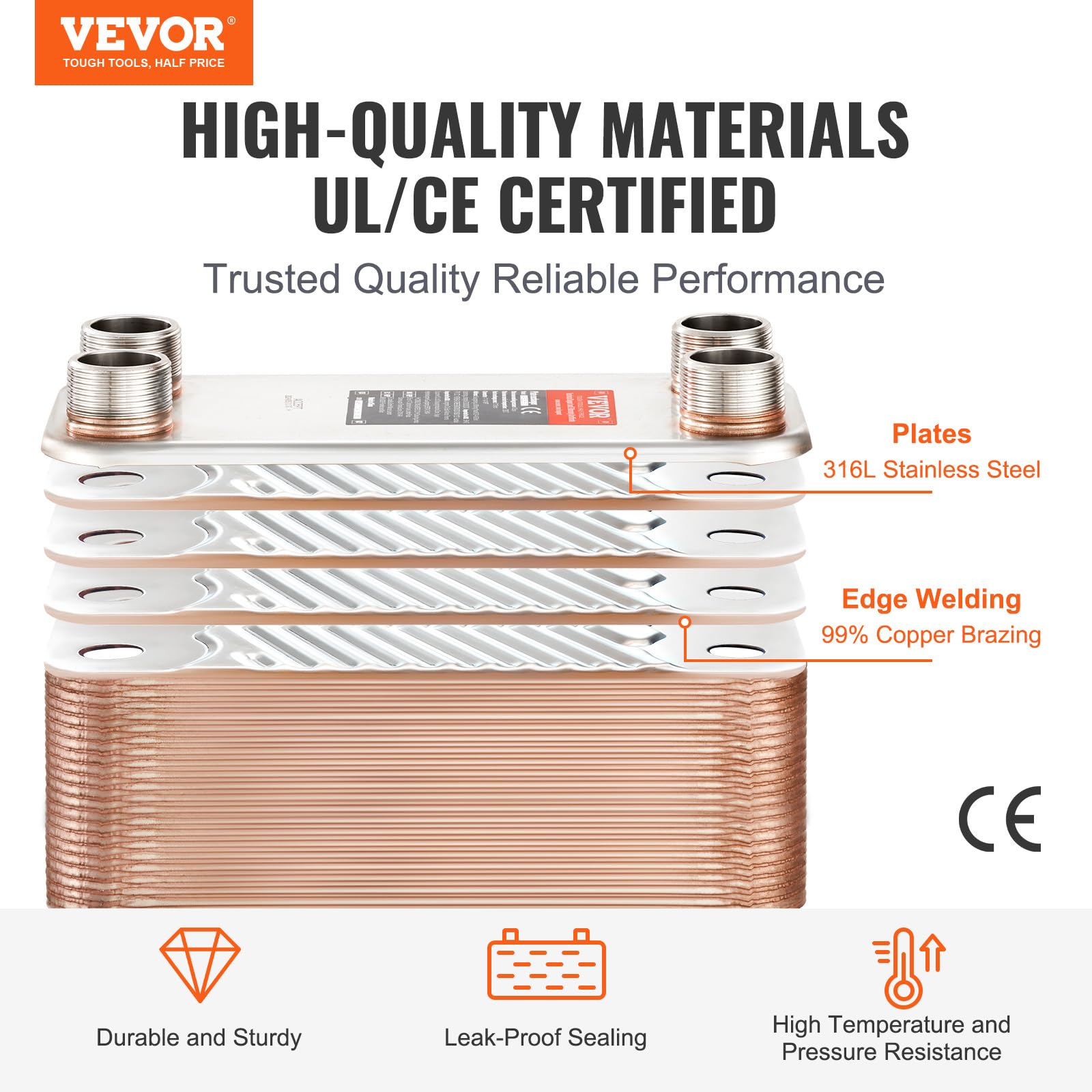VEVOR 100 Plate Stainless Steel & Copper Heat Exchanger - High Efficiency Plate Heat Exchanger for HVAC, Industrial & Marine Applications - Perfect for Heating, Cooling & Heat Recovery Systems