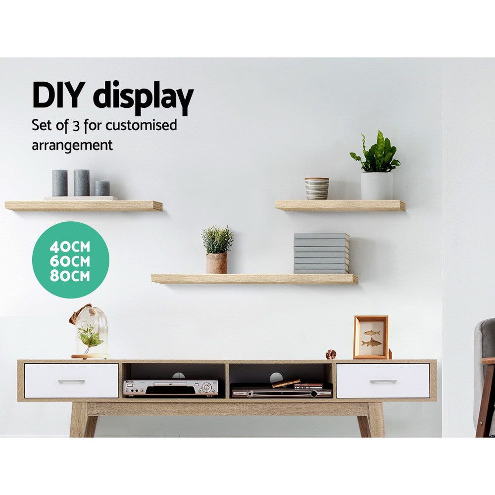 3-Piece Floating Wall Shelf Set - DIY Mounted Storage & Book Display Rack - Solid Oak Wood - Perfect for Living Room, Bedroom & Home Office Decor