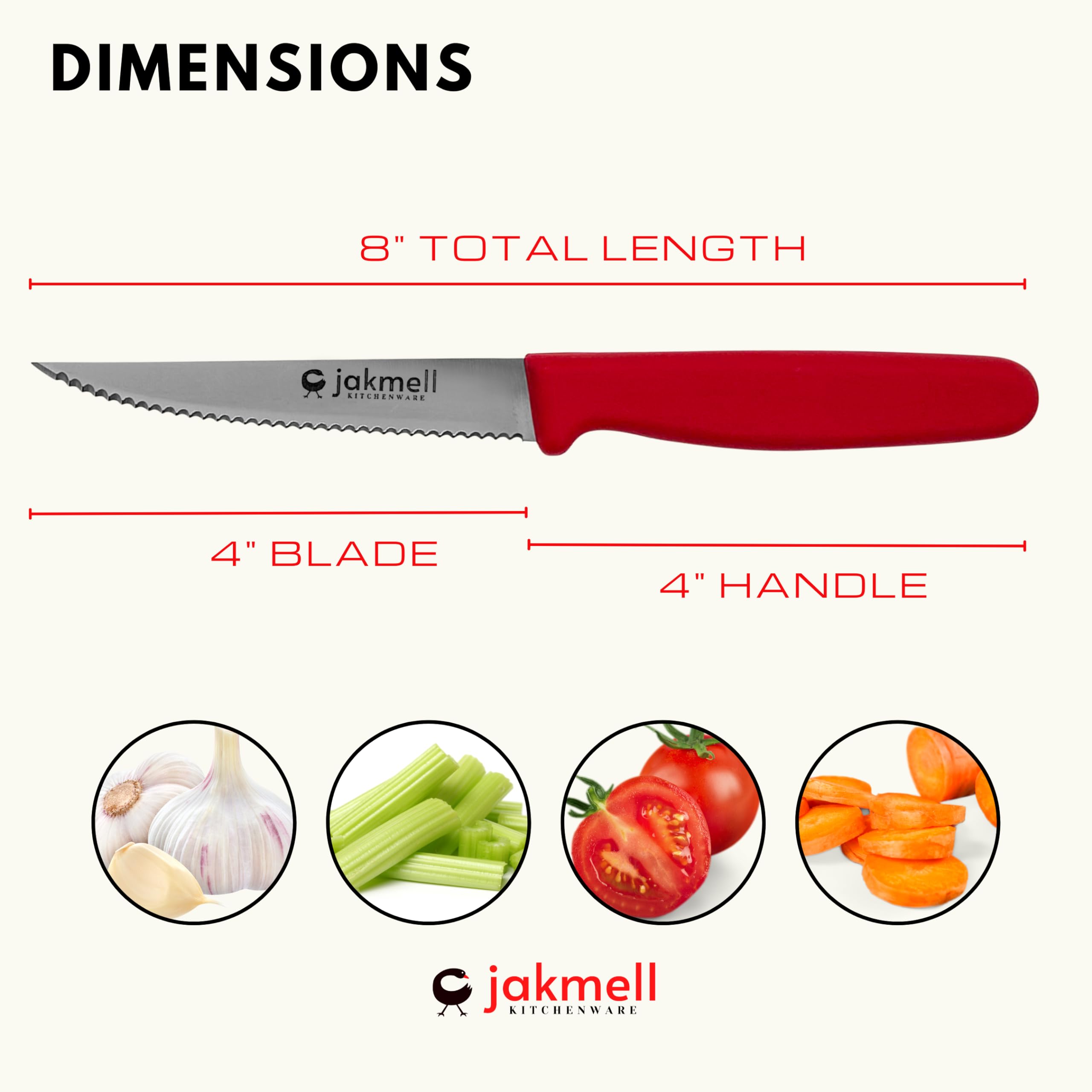 4 Inch Serrated Paring Knife with Red Handle - Stainless Steel Kitchen Utility Knife for Slicing, Peeling, and Precision Cutting - Perfect for Fruits, Vegetables, and Small Kitchen Tasks