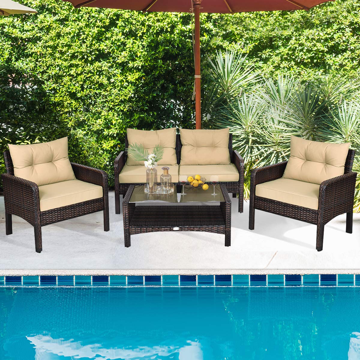 **HAPPYGRILL 4-Piece Outdoor Patio Furniture Set - Rattan Wicker Sofa with Cushions, Coffee Table with Tempered Glass Top & Storage Shelf - Perfect for Garden, Poolside, and Backyard Relaxation**