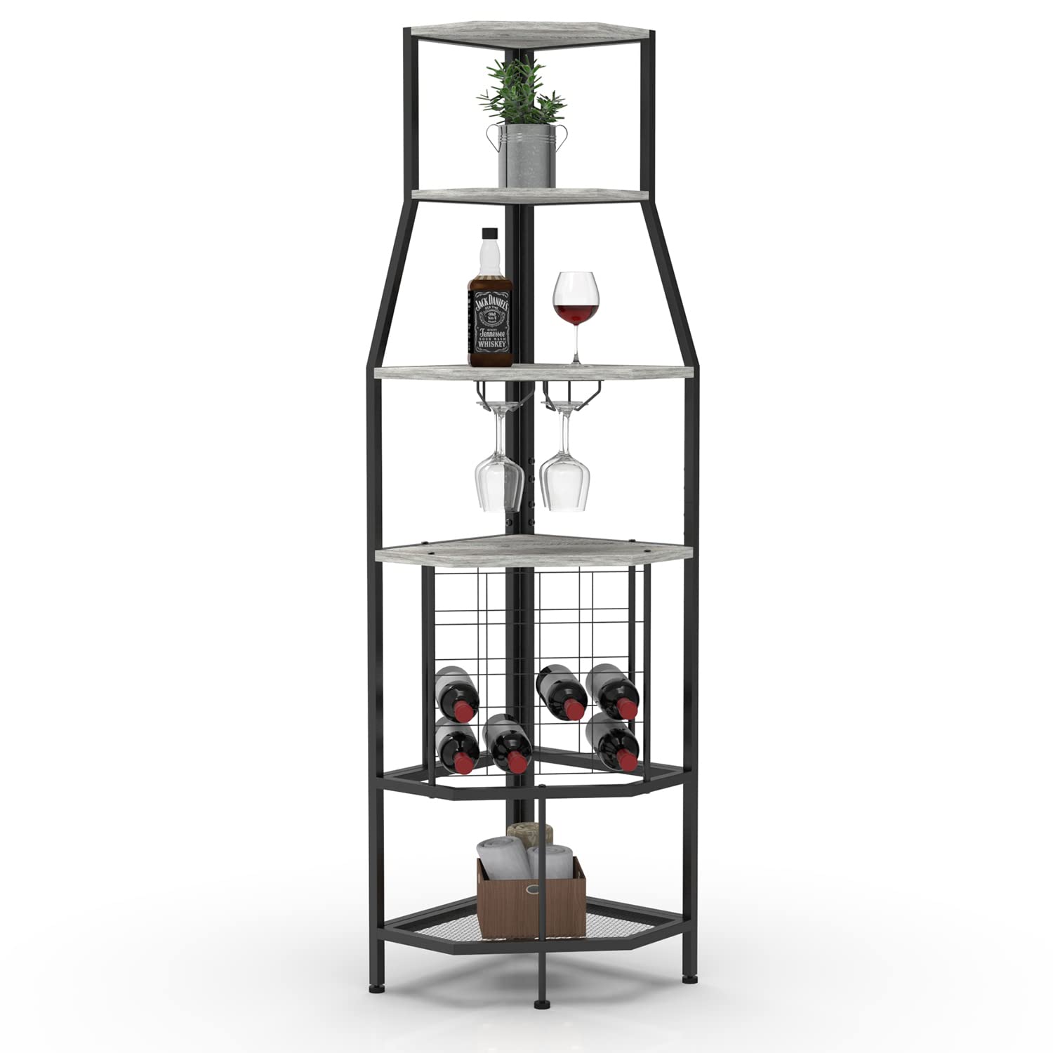 5-Tier Corner Wine Rack Floor Standing - Metal & Wood Wine Storage Shelf with Glass Holder for Kitchen, Dining Room, Home Bar | Space-Saving Corner Shelf for Wine Bottles & Stemware Organization
