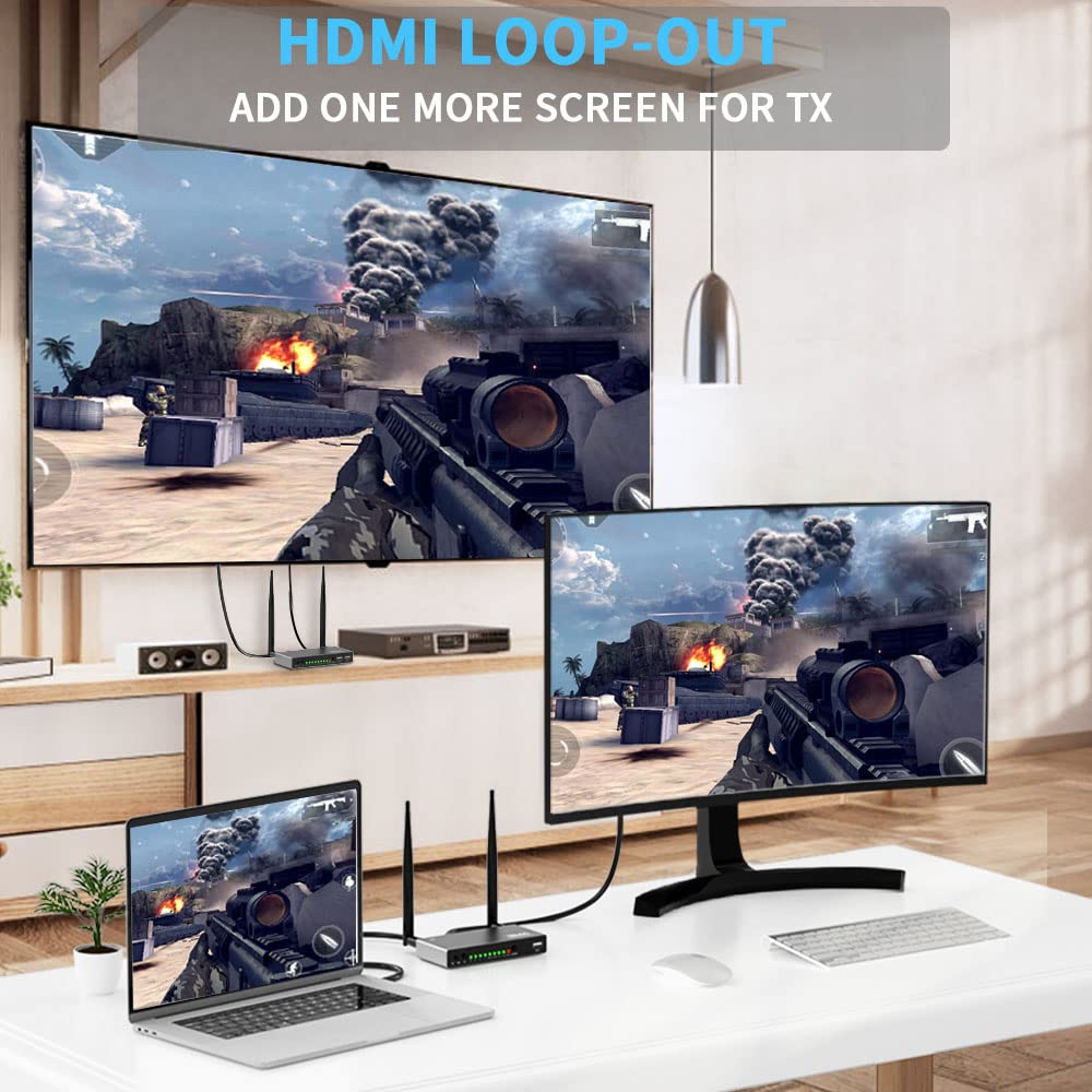 AIMIBO 5.8G Wireless HDMI Transmitter & Receiver Kit - 1080P Full HD Video & Audio Streaming, Supports Multiple TX/RX, KVM Function, IR Remote, Loop-Out, 656FT Range - Perfect for Home Theater, Gaming, Presentations with Laptop, Fire TV Stick, Satellite Box to TV/Projector