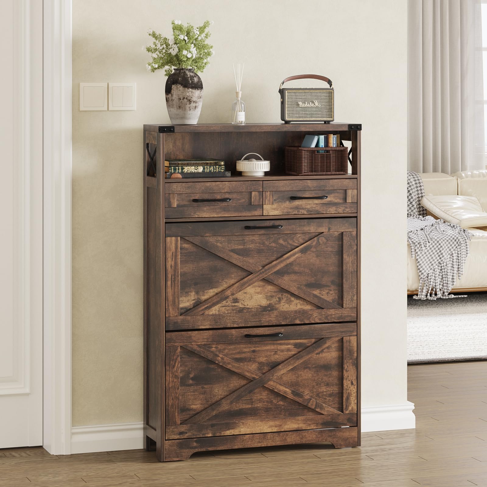 Farmhouse Shoe Storage Cabinet with 2 Flip Drawers & 2 Drawers - Rustic Brown Entryway Organizer for Shoes, Boots & Accessories | Perfect for Small Spaces, Hallway, Front Door & Apartment Entry Storage